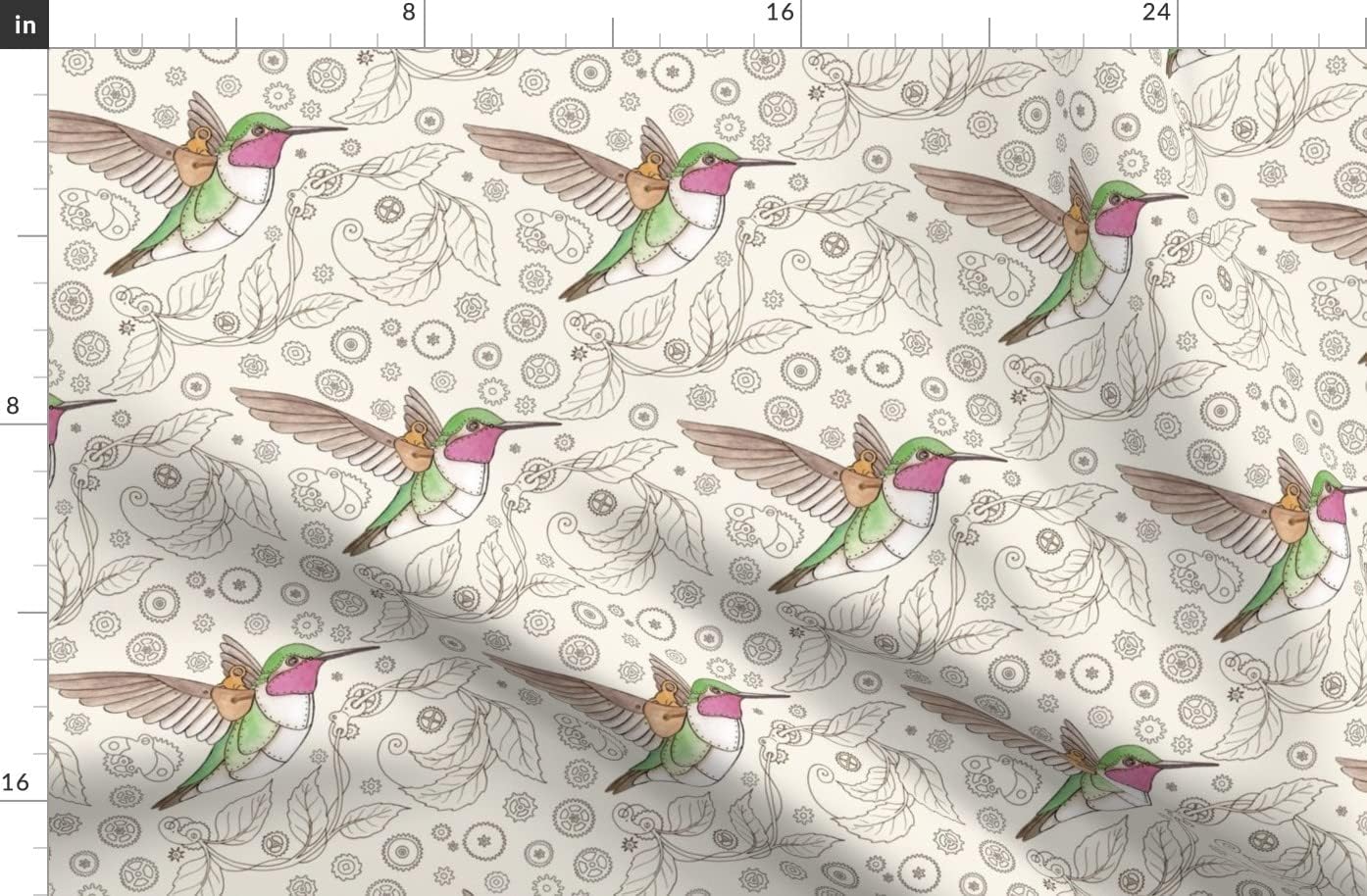 Spoonflower Fabric - Steampunk Hummingbird Clockwork Bird Line Drawing Printed on Organic Cotton Sateen Fabric by The Yard - Sewing Quilting Apparel Home Decor