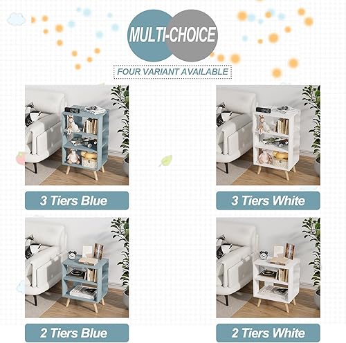 Miniatura 6 de Dueatib Mesa auxiliar azul de 3 niveles, mesa de noche simple y moderna, mesa de almacenamiento abierta de madera, armario de almacenamiento