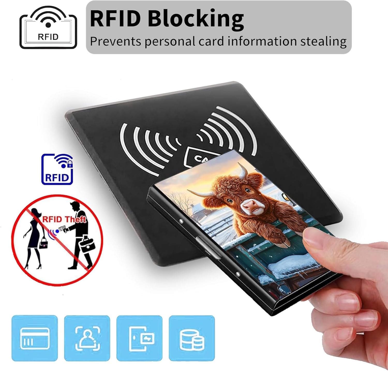 Credit Card Holder for Women Men,RFID Blocking Credit Card Holder Wallet Small Debit Card Holder Credit Card Case RFID Card Holder,Metal Business Card Holder Case,Winter Highland Cows - Image 5