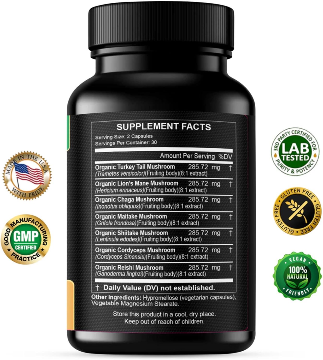 Mushroom Supplement Extracts of Lions Mane Cordyceps Chaga Reishi Turkey Tail Maitake Shiitake Capsules - Natural Vitamins Minerals Antioxidants Supplement - Made in The USA