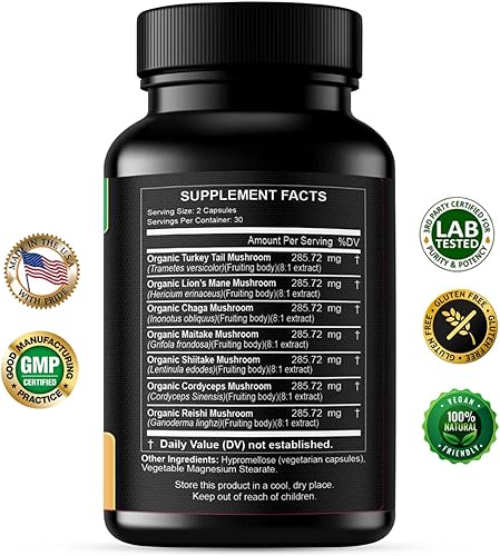 Miniatura 2 de Suplemento de hongos Extractos de melena de leones Cordyceps Chaga Reishi Turkey Tail Maitake Shiitake Cápsulas – Vitaminas Naturales Minerales