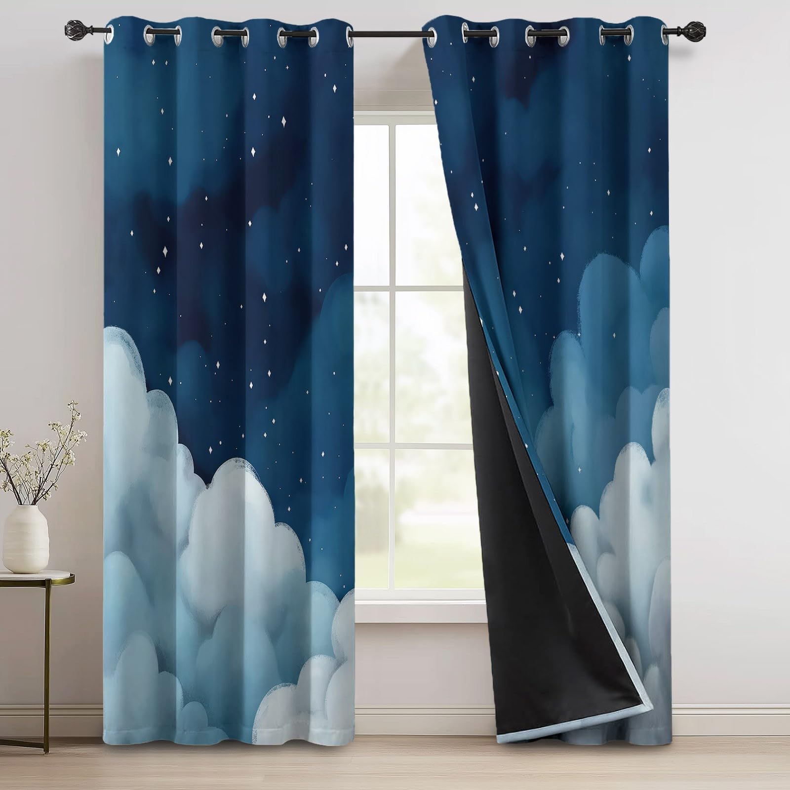 Rideaux Longs 140L X 260H cm (2 Panneaux), Nuages Aquarelle De Dessin Animé Imprimé, Tissu Occultant Épais pour Grand Salon et Loft, Bleu Foncé Gris