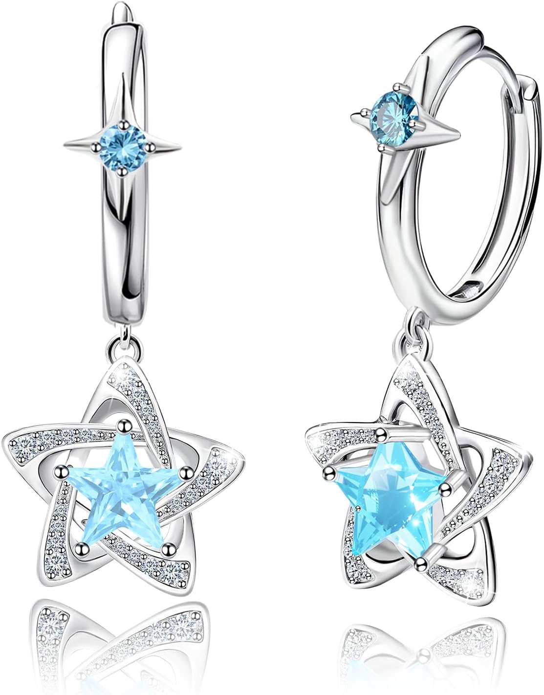 S925 Sterling Silver Blue Star Hoop Earrings with CZ Charm Star Dangle Hoop Earrings Sparkling Cubic Zirconia Huggie Earrings for Women Pentagram Cartilage Hoops Hypoallergenic Jewelry Birthday Gifts