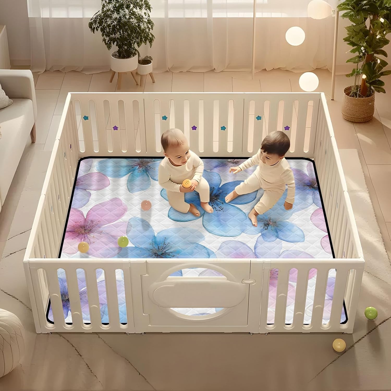 Watercolor Colorful Flower Pattern Baby Play Mat, 50“ X 50” Washable Folding Crawling Mat, Baby Floor Mat, Soft, Thick, Non-Slip