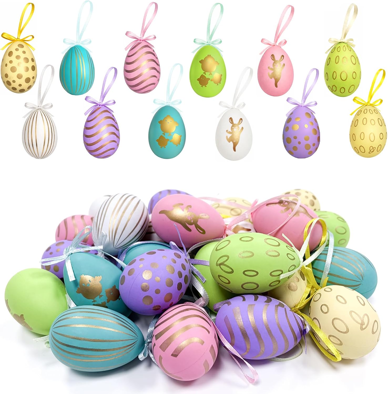 Pack of 24 Easter Eggs for Hanging Plastic Easter Eggs 6 x 4 cm Colourful Decorative Egg Ornaments with Ribbon for Easter Decoration Colourful