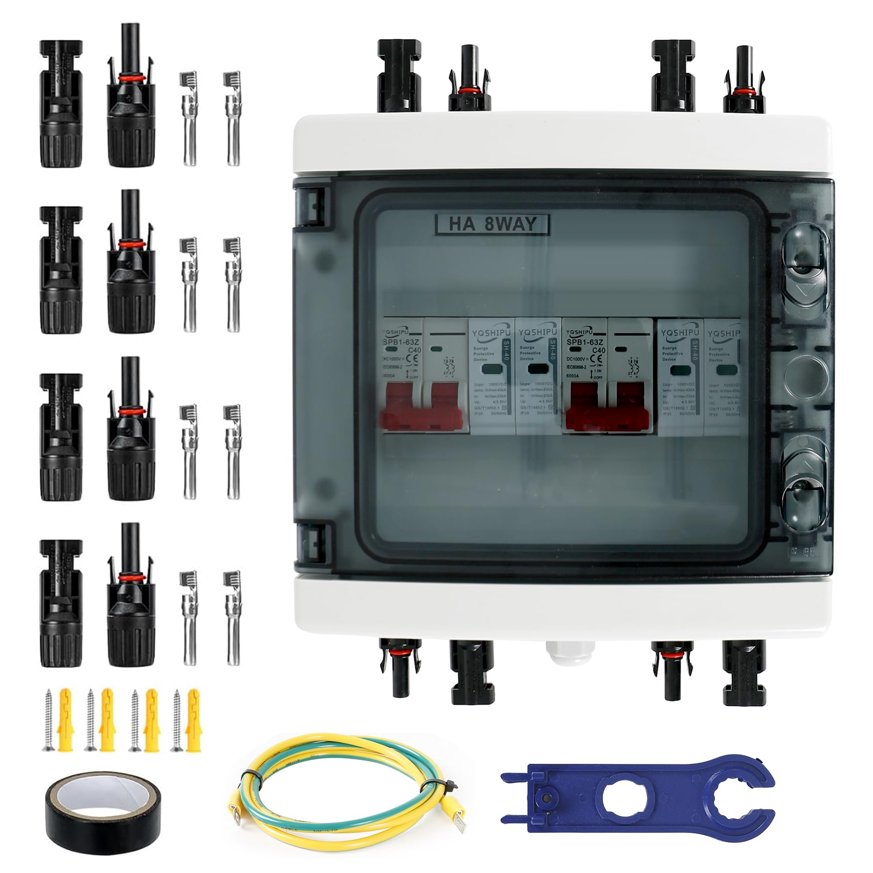Caja Combinadora Solar Fotovoltaica, 1000V 40A 2 en 2 Salida 2 String PV DC Interruptor de Aislamiento Caja Combinadora Solar Caja de Distribución IP65 Impermeable, para Sistemas Solares Fotovoltaico