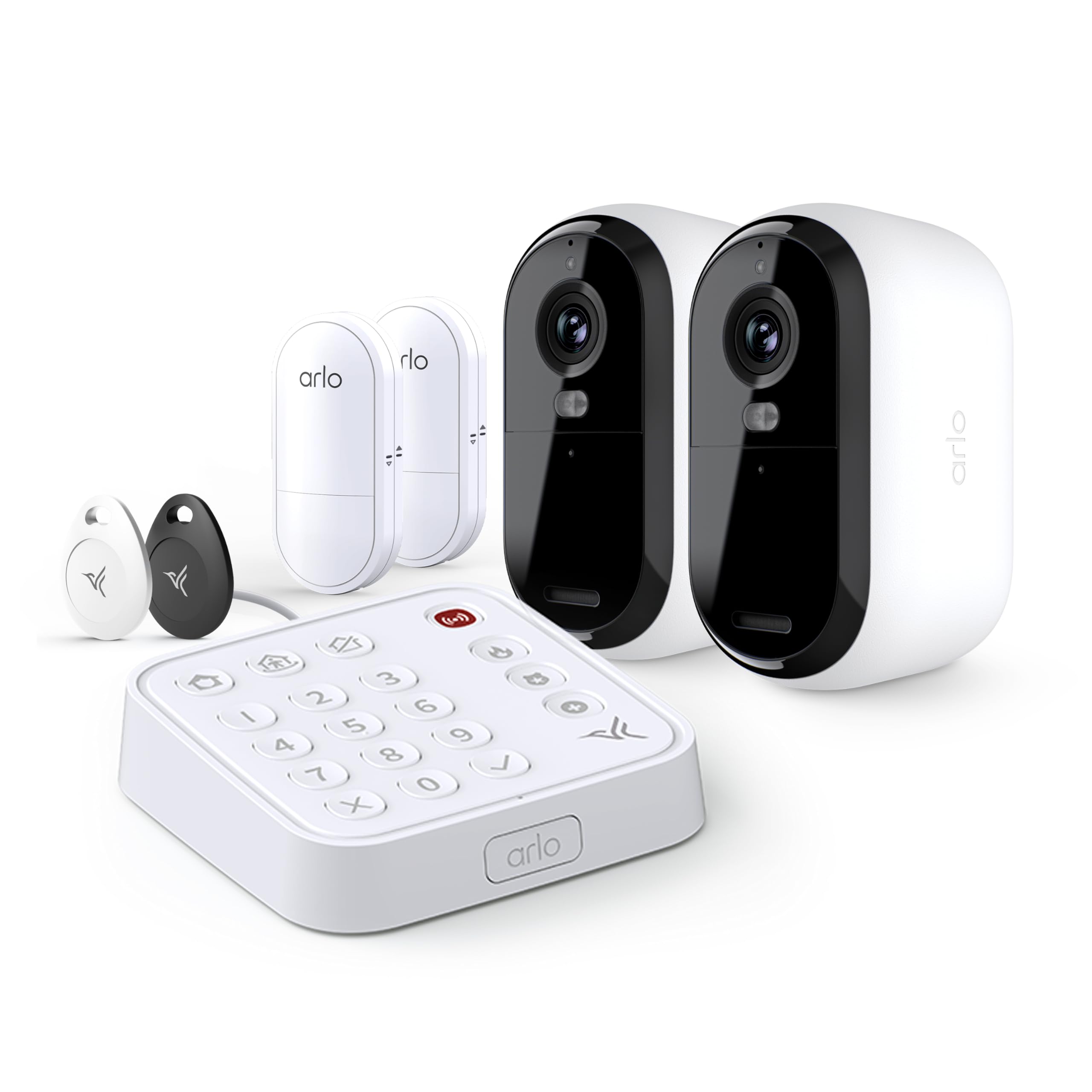 Arlo Home Security Camera &amp; Sensor System - (2) 8-in-1 Sensors + Outdoor 2K (2 Cameras) + Wired Keypad Sensor Hub + Security Tag Bundl - No Contract Cancel Anytime, Alarm System, 24/7 Monitoring