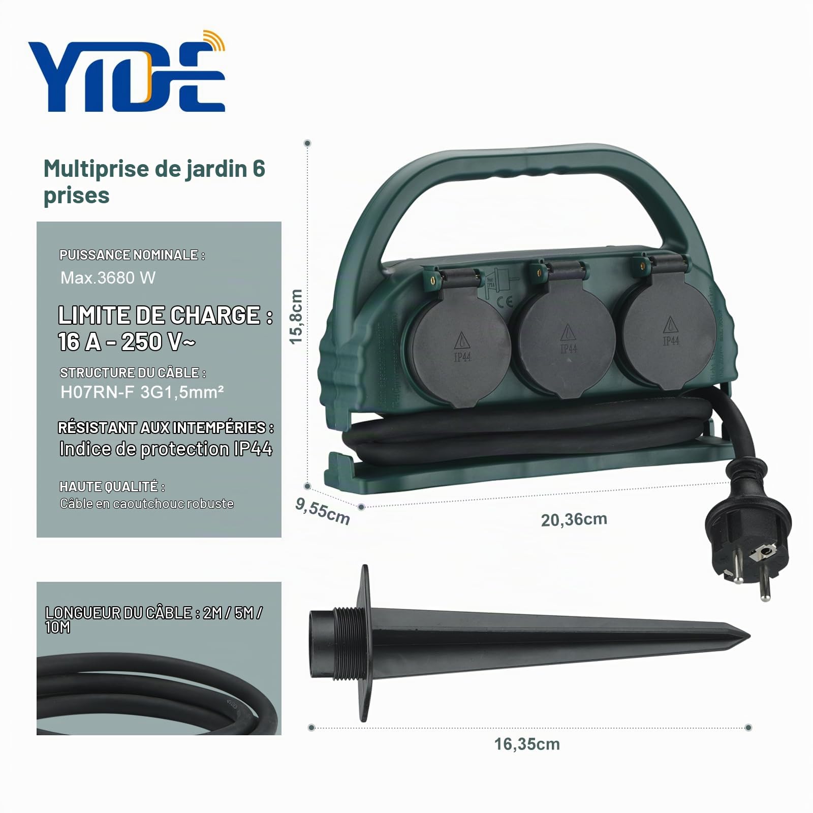 Multiprise de jardin 6 prises IP44 avec poignée de transport et piquet de terre, prise extérieure étanche avec câble en caoutchouc H07RN-F pour l'extérieur (5 m, vert)