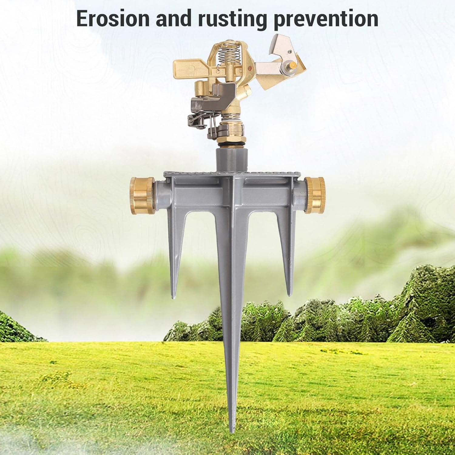 JTLB Garden Sprinkler 360 Degree Rotating 49FT Spray Distance Brass Nozzle NH 3/4 in Spike Base Sprinkler for Yard Orchard