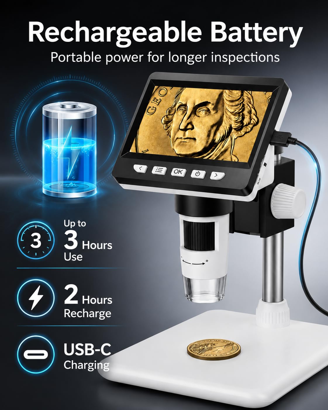 AOPICK Mikroskop Handy, LCD Digital Mikroskop 50X-500X Auflösung, 4,3-Zoll 1080P USB Mikroskop mit 8 einstellbaren LED Licht, PC-Ansicht, für Erwachsene/Kinder, kompatibel mit MacOS Windows