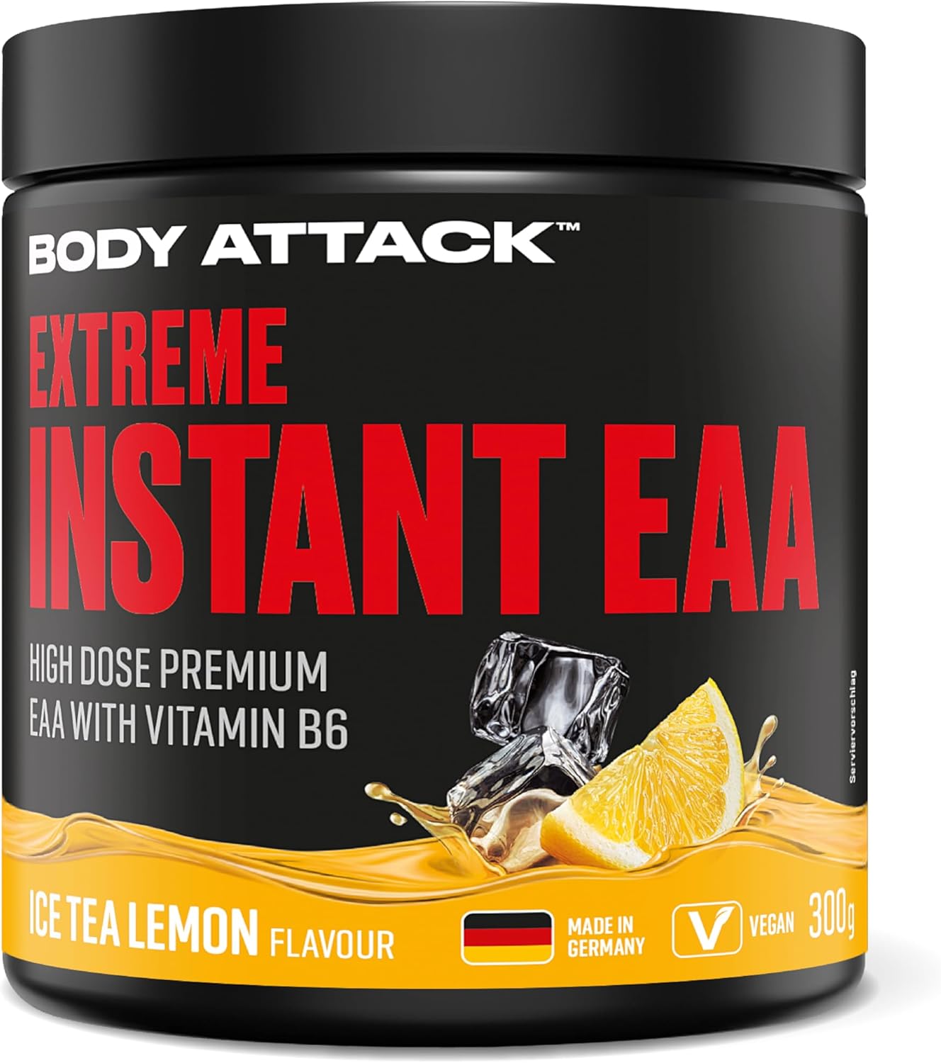 Body Attack Extreme Instant EAA poeder – Ice Tea Lemon, 300 g – Veganistisch, Made in Germany – 8 essentiële EAA aminozuren voor een eiwitrijke voeding en intensieve training – ideale 2:1:1 ratio