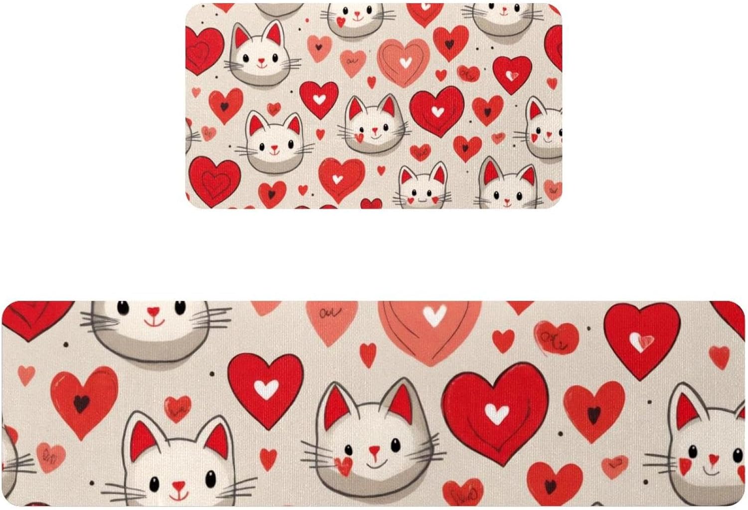 Kitchen Rugs Set of 2, Red Heart Cute Cats Head Kitchen Mats for Floor Washable, Kitchen Floor Runner Mat Cushioned Anti Fatigue