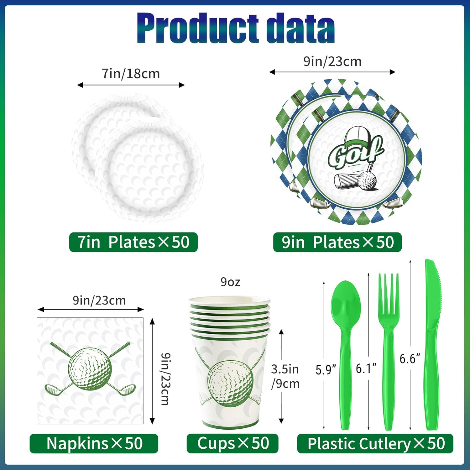 Golf Party Decorations Set for 50 Guests, 350 Pieces, Plates, Cups, Napkins, Cutlery, Green and White - Image 2