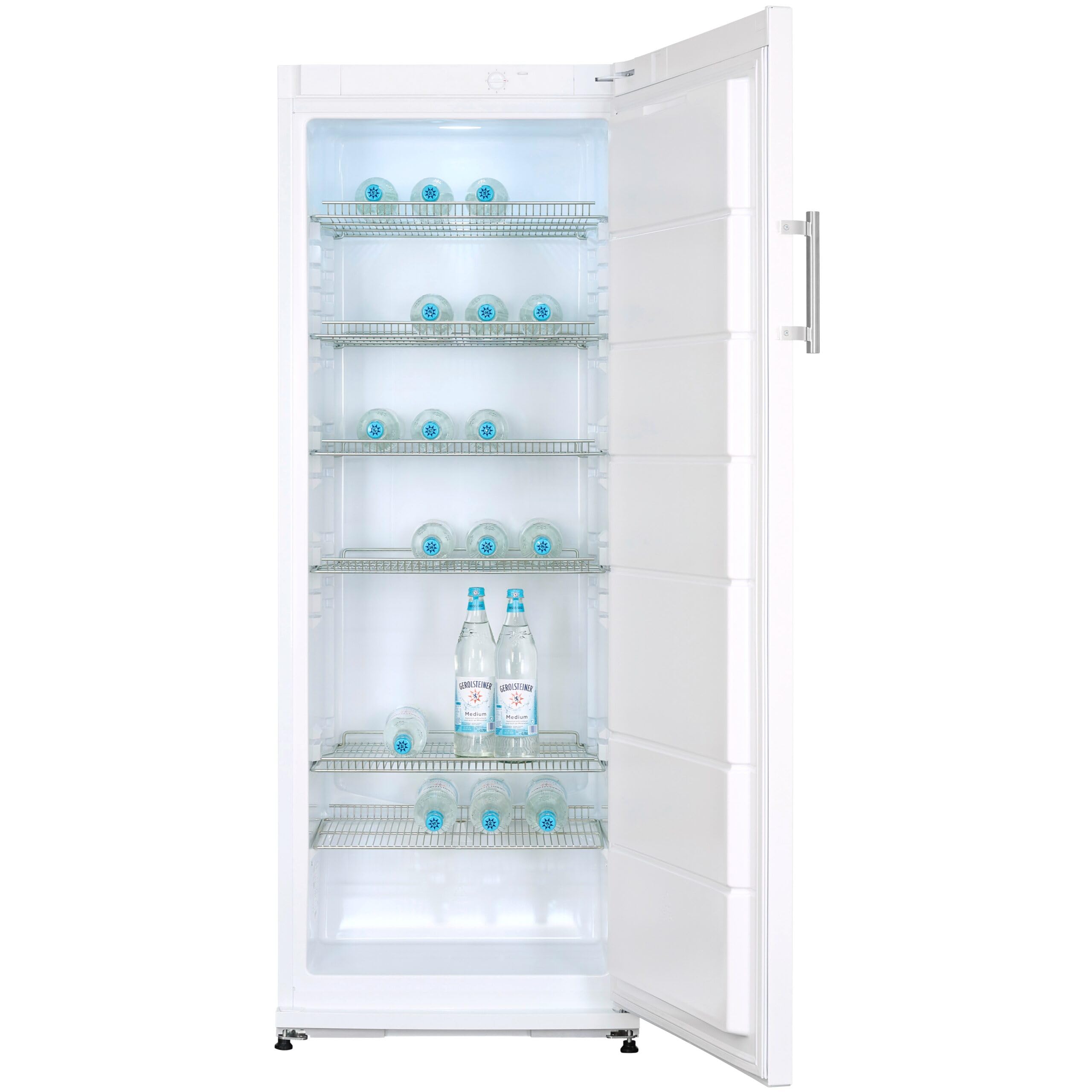 Exquisit® Frigorífico para Bebidas 296L, Color Blanco, Clase E, Puerta Reversible, 6 Estantes de Rejilla, Tirador Externo de Acero, Iluminación LED, Medidas (163,0 x 60,0 x 62,0 cm)