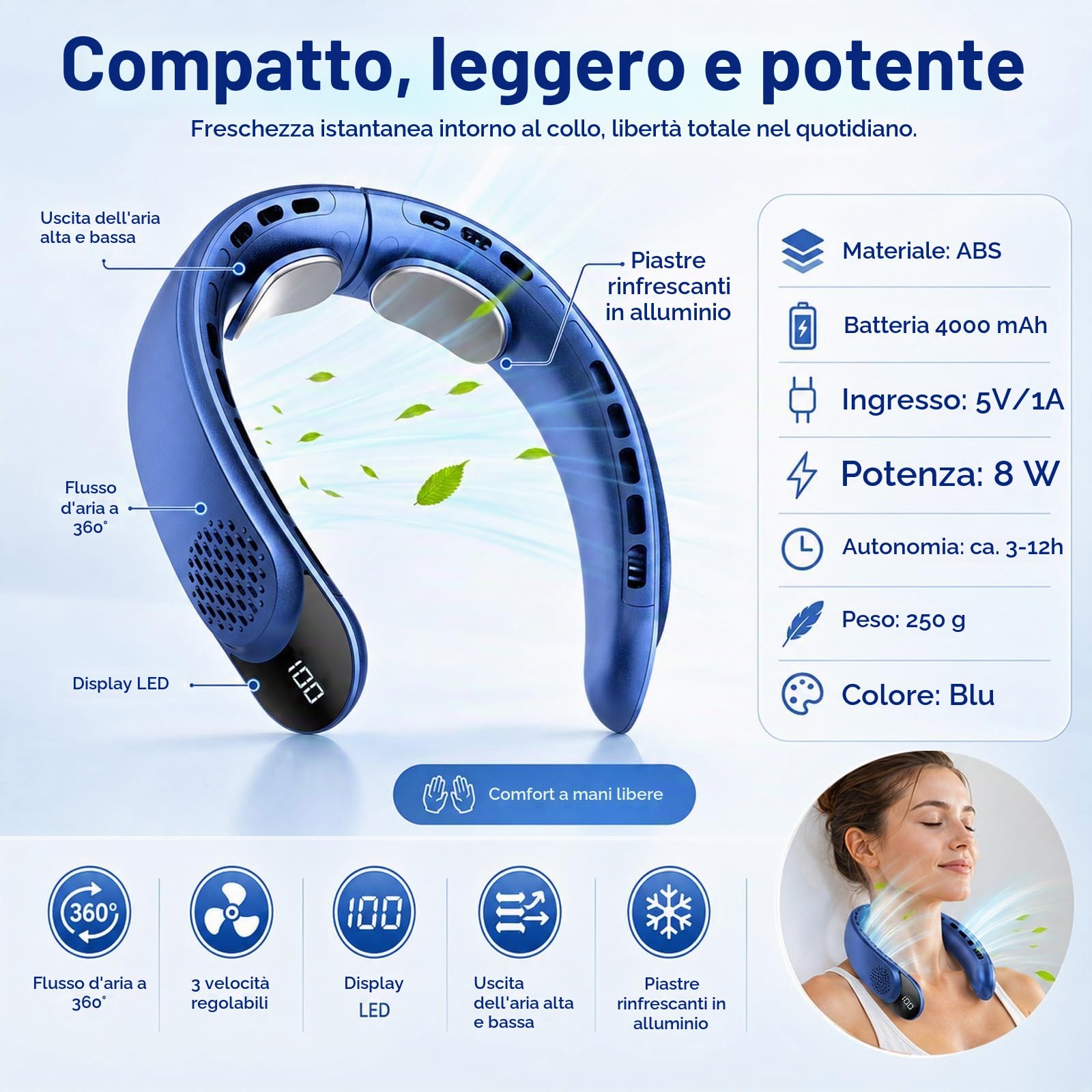 Ventlatore da collo 4000 mAh ventilatore portatile 3 velocità display LED 360 gradi cooling ventilatore collo 50 dB basso rumore