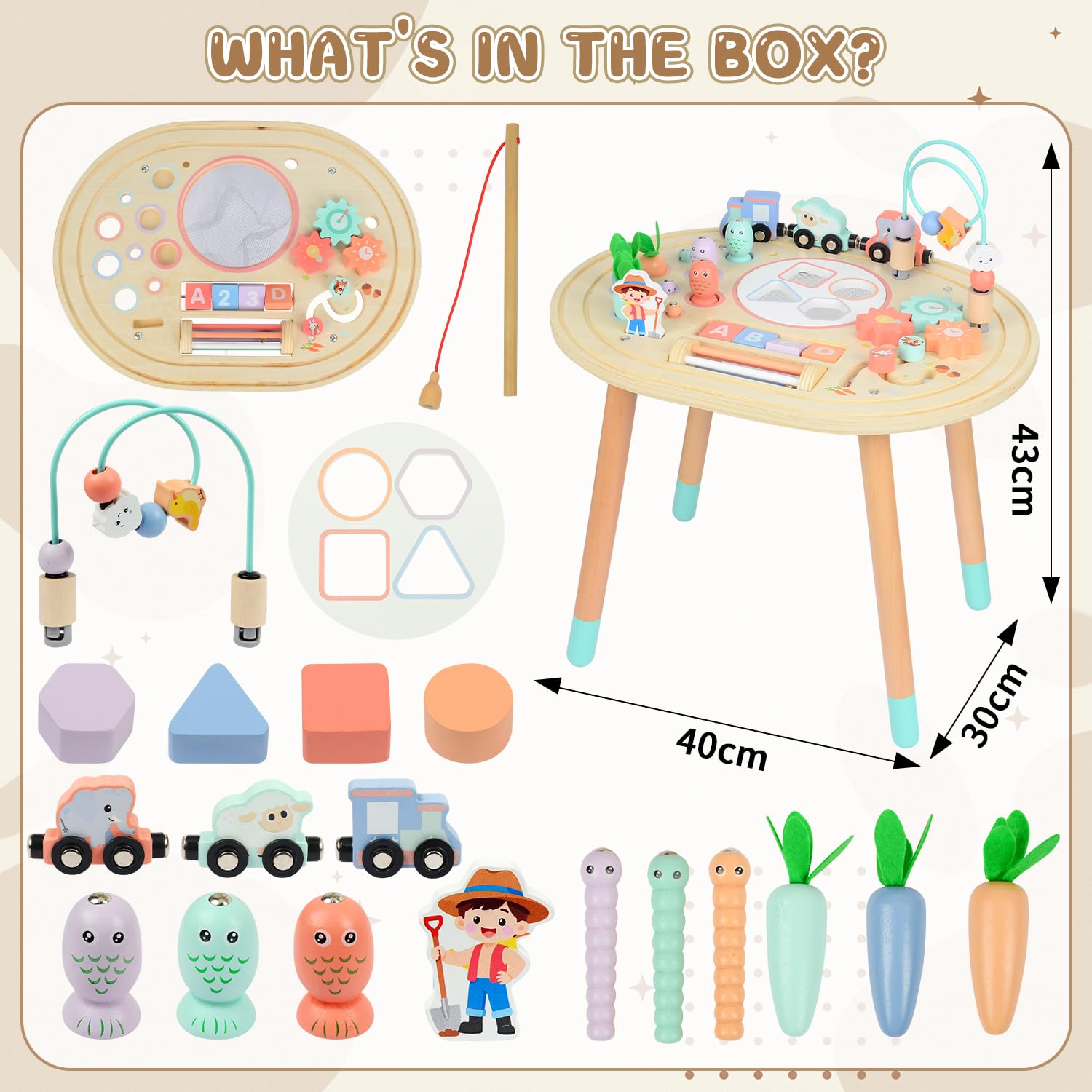 10-in-1 Holz Aktivitätstisch ab 1 Jahr, Kinder Montessori Spielzeug | Motorikspielzeug Lernspielzeug für 1+ Jahre, Spieltisch mit Angelspiel, Formensortierer & Tierzug, Geschenk für Mädchen Junge