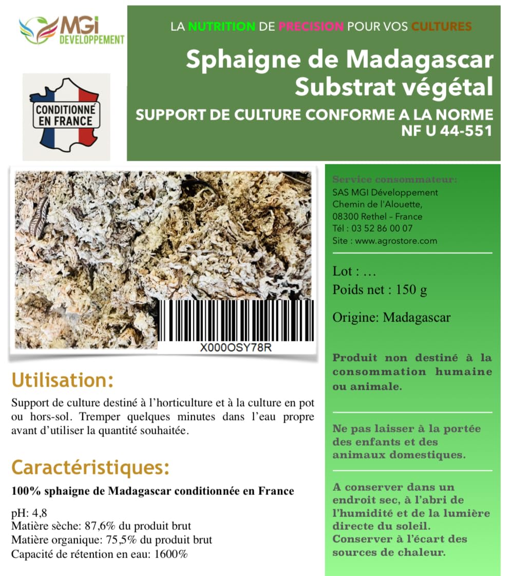 Sphaigne de Madagascar 150GR - substrat végétal pour Cultures Hors-Sol - Vivarium - 150 GR