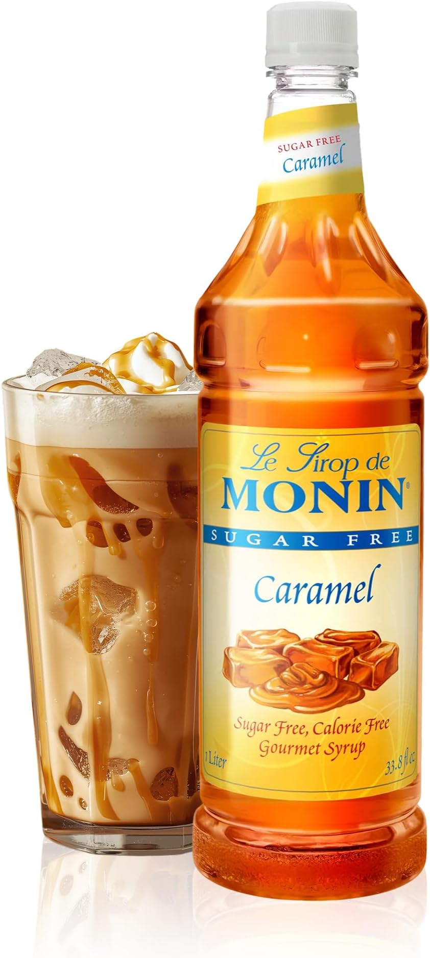 Monin - Sugar Free Caramel Syrup, Mild and Sweet, Great for Coffee and Desserts, Gluten-Free, Non-GMO (1 Liter)