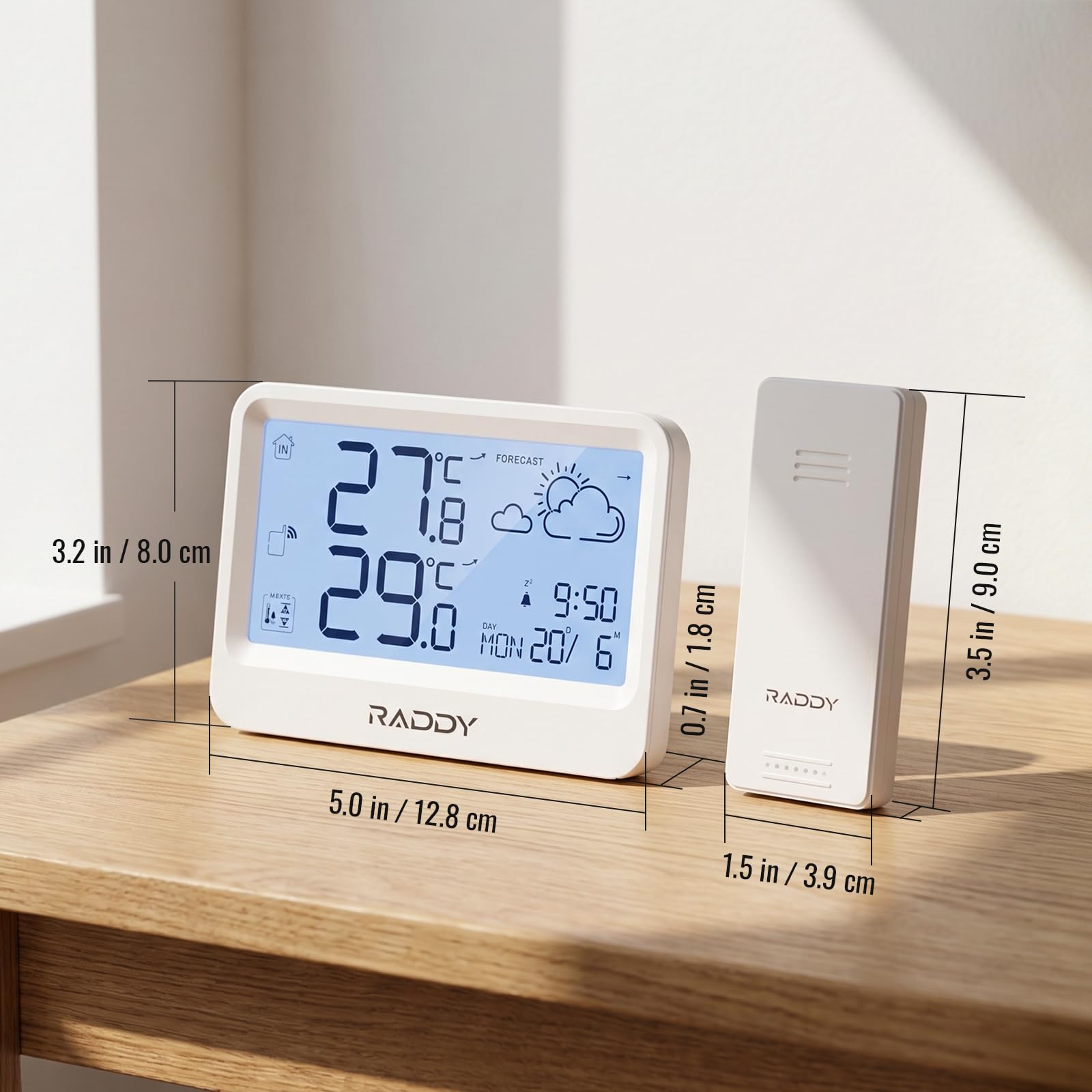 Raddy WF-60 Cyfrowa Stacja Pogodowa do Domu, Termometr Wewnętrzny i Zewnętrzny z Prognozą Pogody, Monitor Temperatury z Alarmem Mrozu, Budzik, Zasilanie Bateryjne, do Domu i Ogrodu