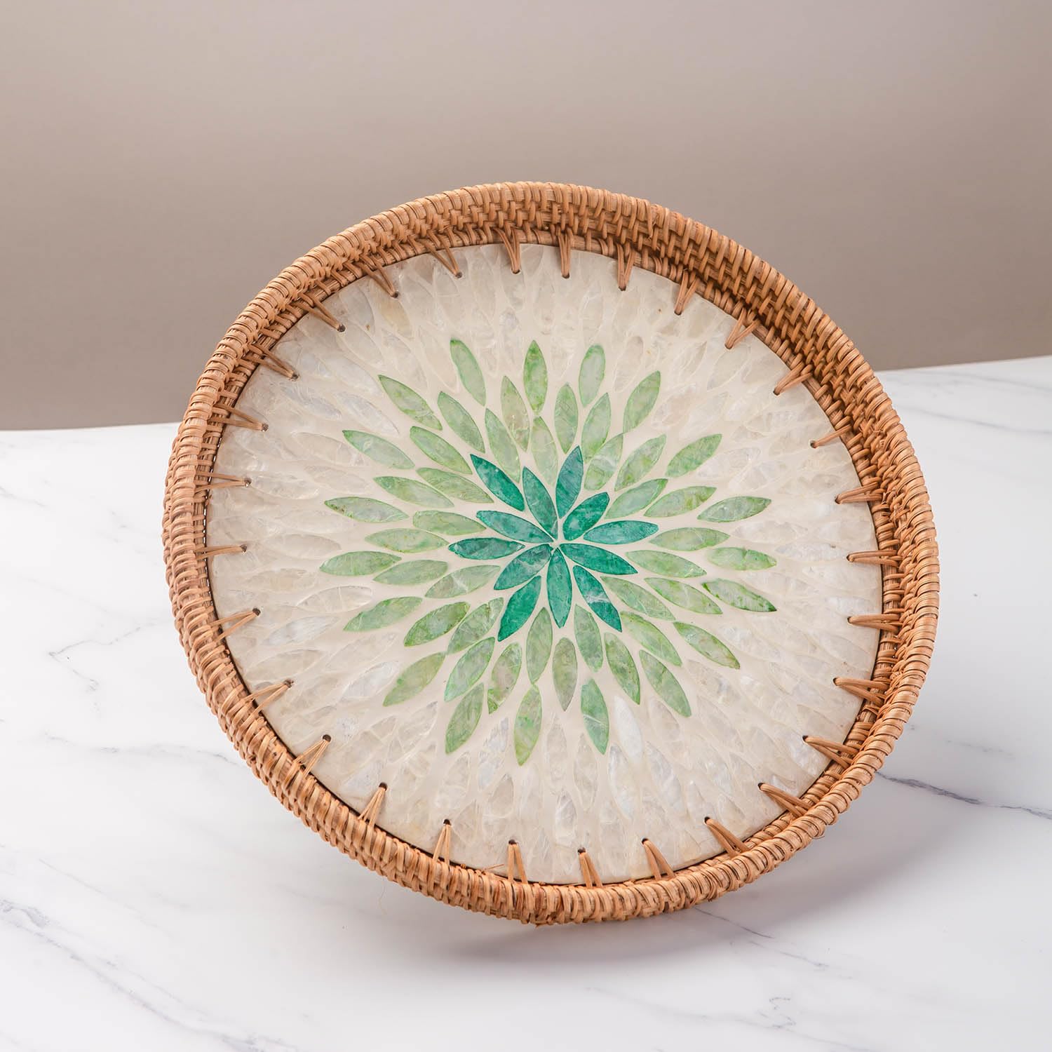 Laquedecraft Round Mother Pearl Inlay Tray, Decorative Rattan Tray (11.8 in or 13.8 in) (Emerald, 11.8 inch)
