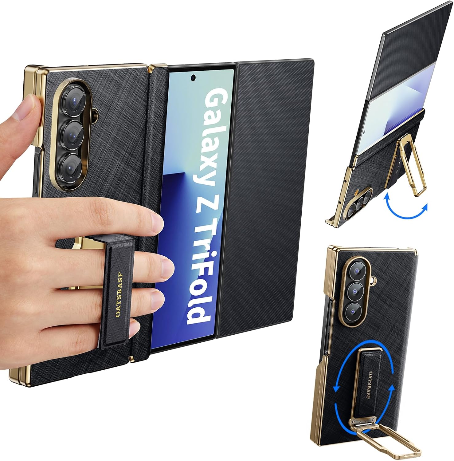 Grip for Samsung Galaxy Z Trifold Leather Case with Finger Strap,360° Rotatable Metal Stand Phone Cases,Hinge Protection Anti-Scratch Shockproof Wristband Cover for Samsung Z Trifold(Black)