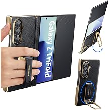 Grip for Samsung Galaxy Z Trifold Leather Case with Finger Strap,360 Rotatable Metal Stand Phone Cases,Hinge Protection Anti-Scratch Shockproof Wristband Cover for Samsung Z TrifoldBlack