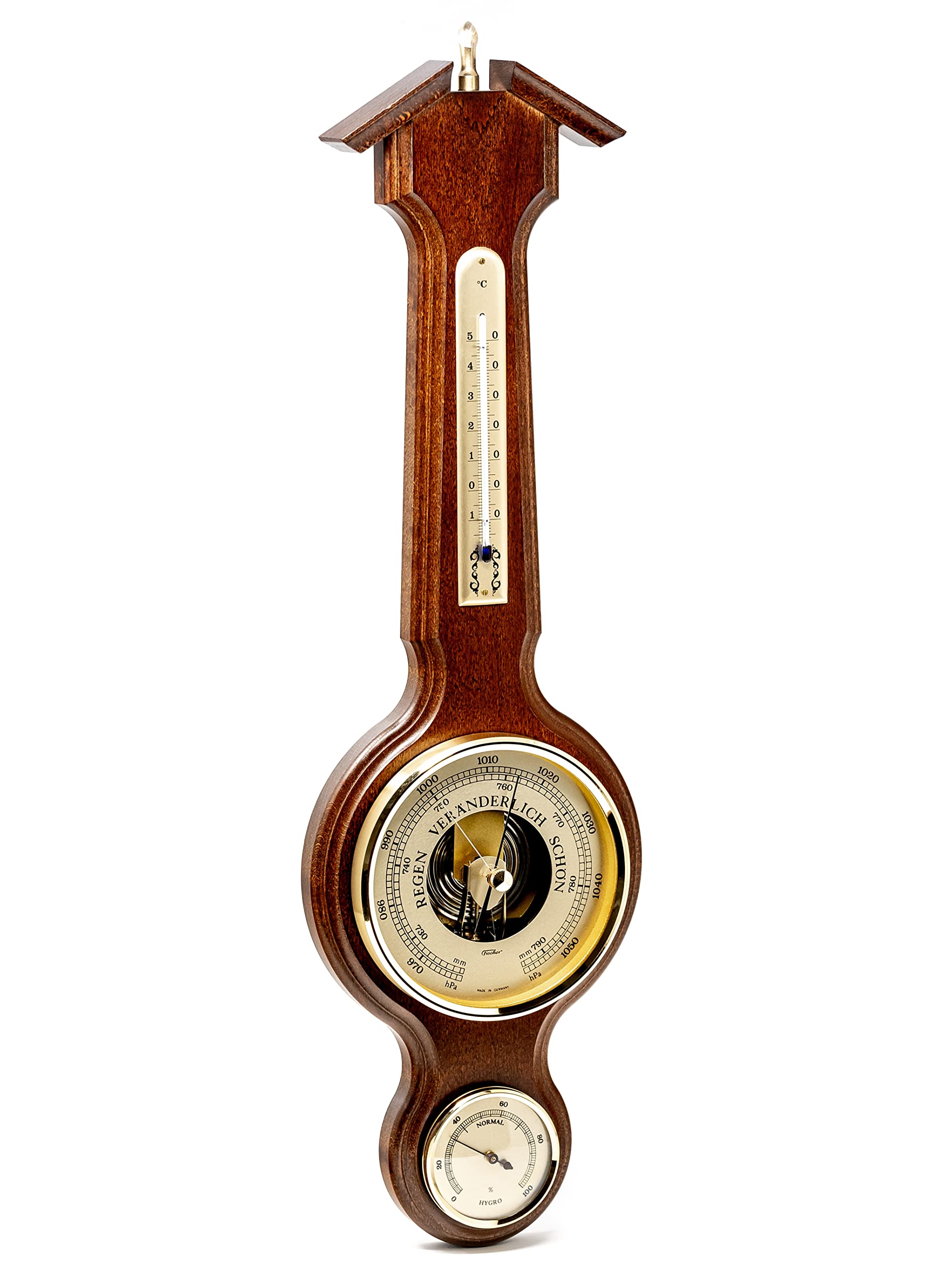 Fischer 4673-12 - Stacja pogodowa - Obserwatorium pogodowe z termometrem, barometrem, higrometrem - Obudowa z prawdziwego drewna, wykonana w Niemczech