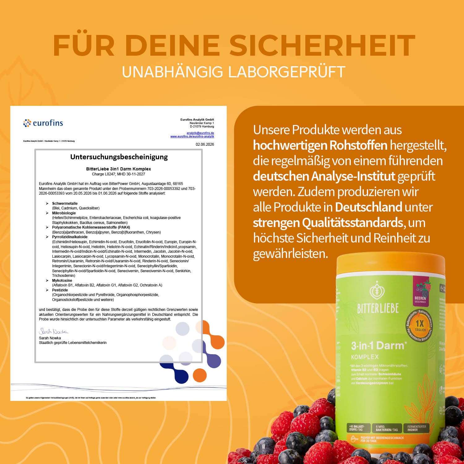 BitterLiebe - 3in1 Darm Komplex - Darmkur Pulver mit 9g Ballaststoffe & 6 Mrd. Darmbakterien - Darmflora aufbauen *, Darmgesundheit * - L Glutamin, Akazienfaser, Inulin und Verdauungsenzyme