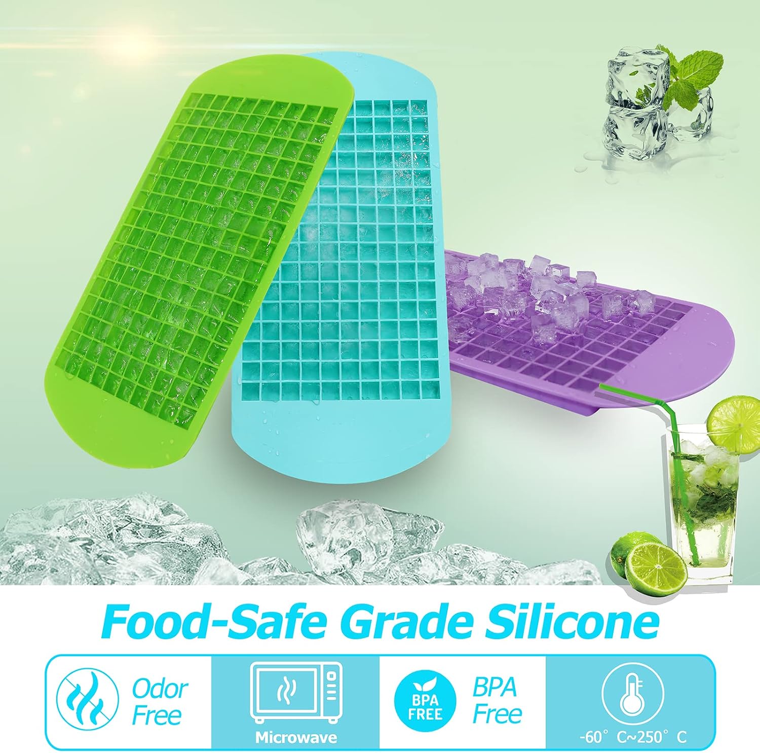 Mini Ice Cube Trays for Freezer with Bin, 6 Pack Silicone Ice Cube Molds with Storage Container and Ice Scoop, 160 Stackable Crushed Ice Trays Easy Release Small Ice Cube for Chilling Whiskey Cocktail