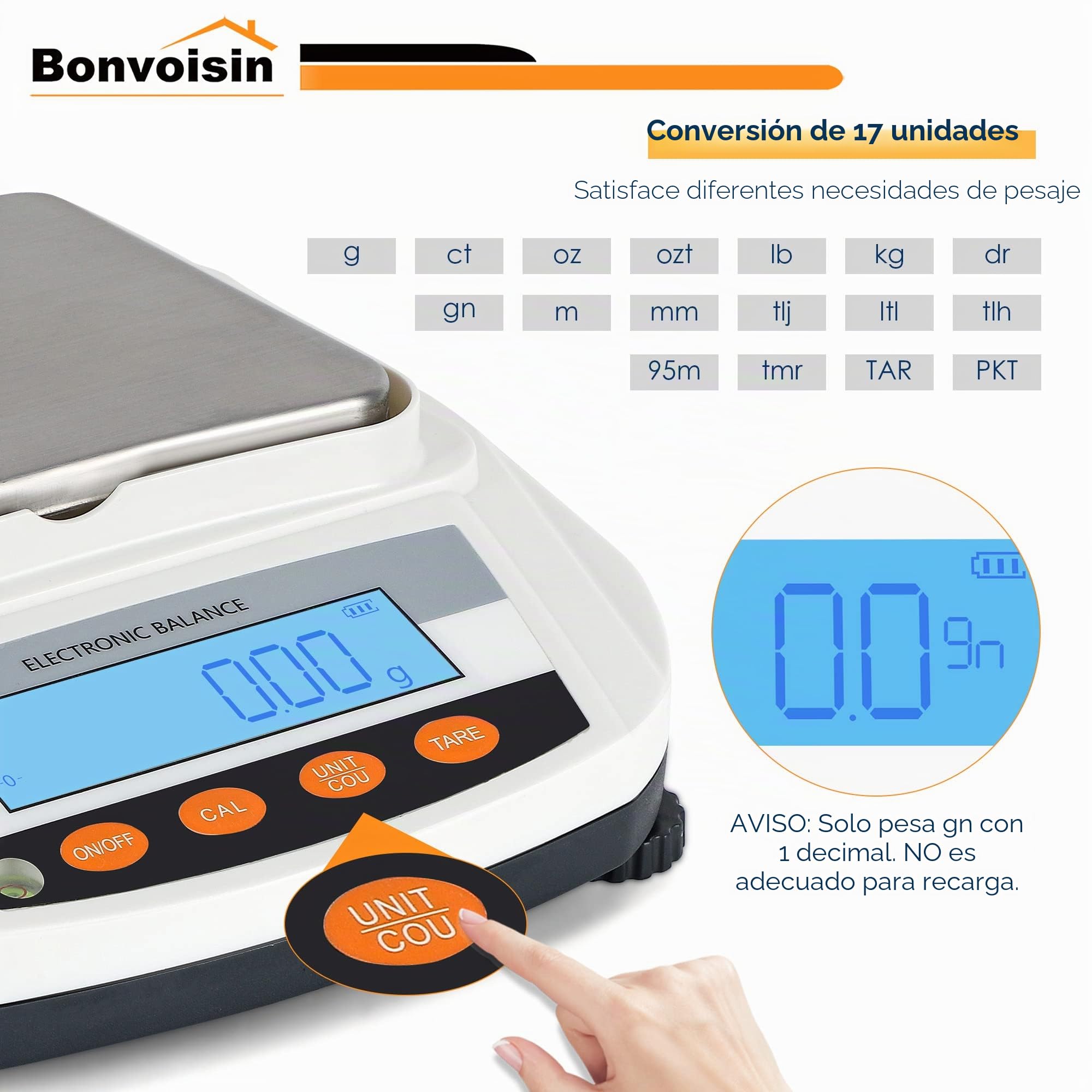Bonvoisin Báscula Analítica de Laboratorio 3000g x 0.01g, Balanza Alta Precisión con 17 Unidades, Conteo & Auto-Calibración, Plato Acero Inox y Batería 32H, para Lab, Joyería, Uso Industrial