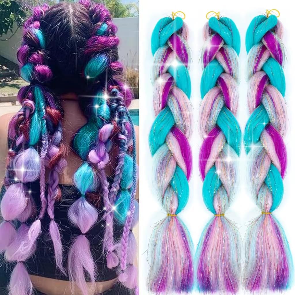 Upgraded Ombre Braiding Hair with Hair Extension Tinsel Mashup, Colorful Synthetic Braiding 3 Tone for Women Girls Hair Accessories 24 Inch 100g
