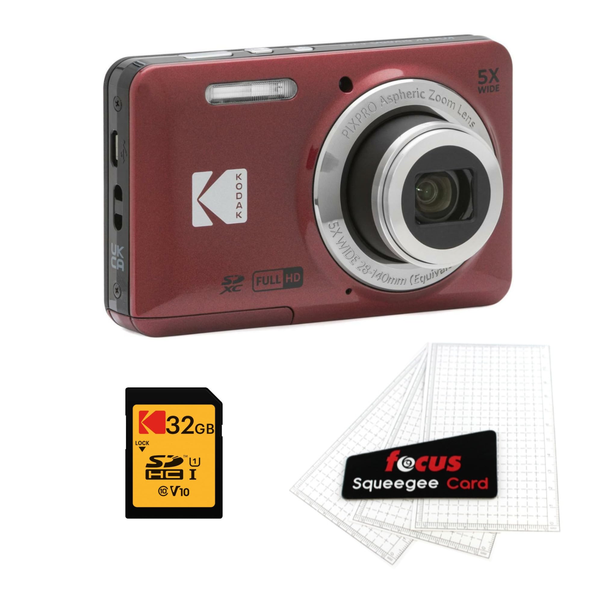 Kodak PIXPRO Friendly Zoom FZ55 Digital Camera (Red) Bundle with 32GB Memory Card and Digital Camera LCD Screen Protectors (3 Items)