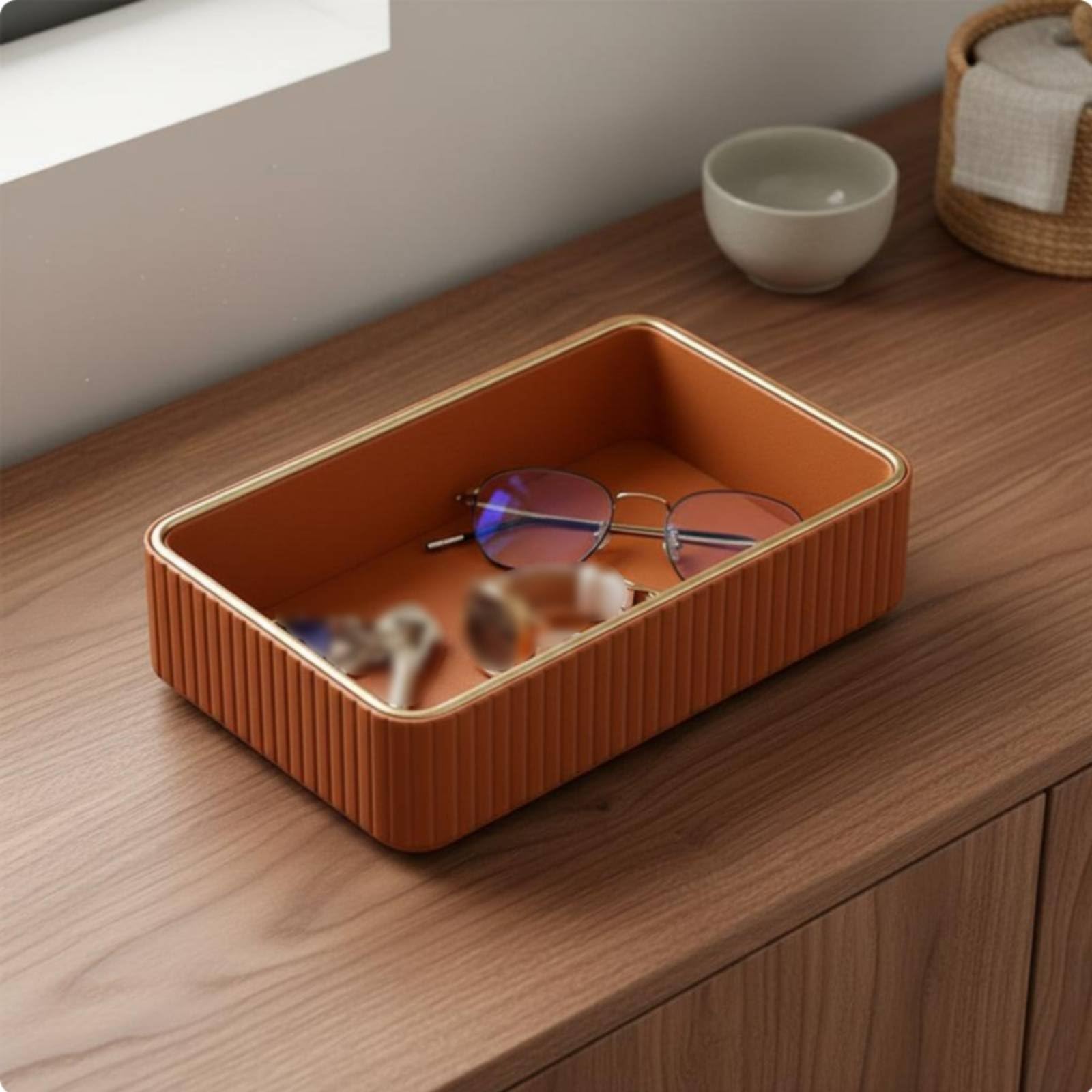 Gralara Vassoio Svuotatasche Rettangolare Multiuso Contenitore Portaoggetti a Righe Resistente Alla Polvere Organizer da Tavolo per Scrivania, Bagno, Bianco Sporco