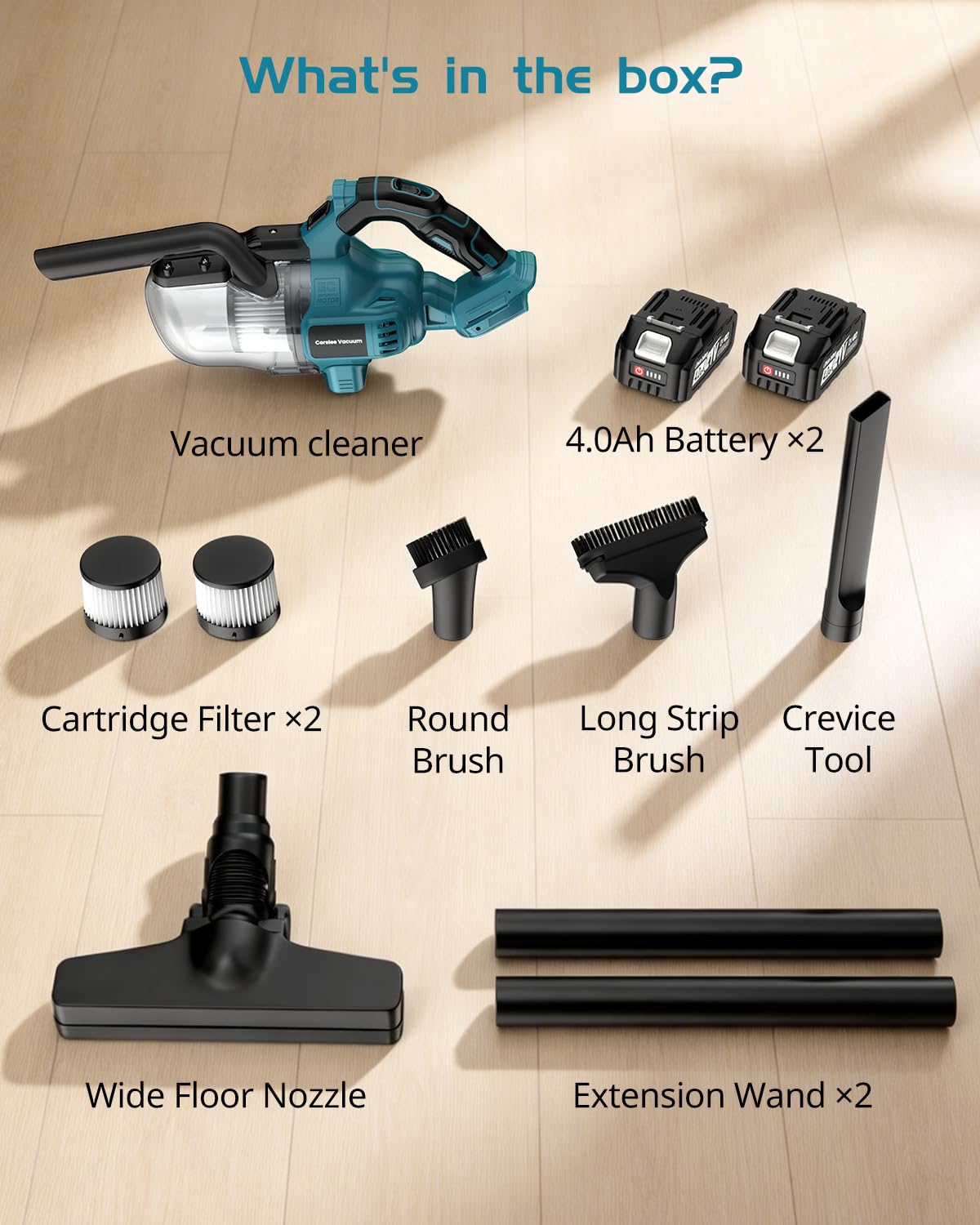 Akku Staubsauger Kompatibel mit Makita 18V, 16000Pa 4-in-1 Akku Handstaubsauger mit 2X 4.0Ah, 4 Bürstenkopf für Teppich, Hartboden, Möbel, Auto