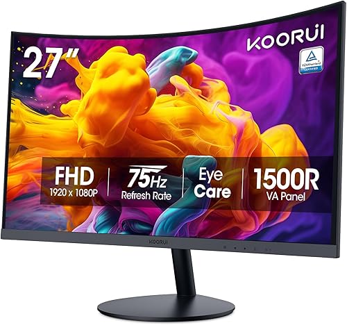 KOORUI - Monitor curvo de 27 pulgadas FHD, 1080P, 75 Hz, monitor para juegos, VA, LED con HDMI, VGA, inclinación ajustable, 1500R, protección