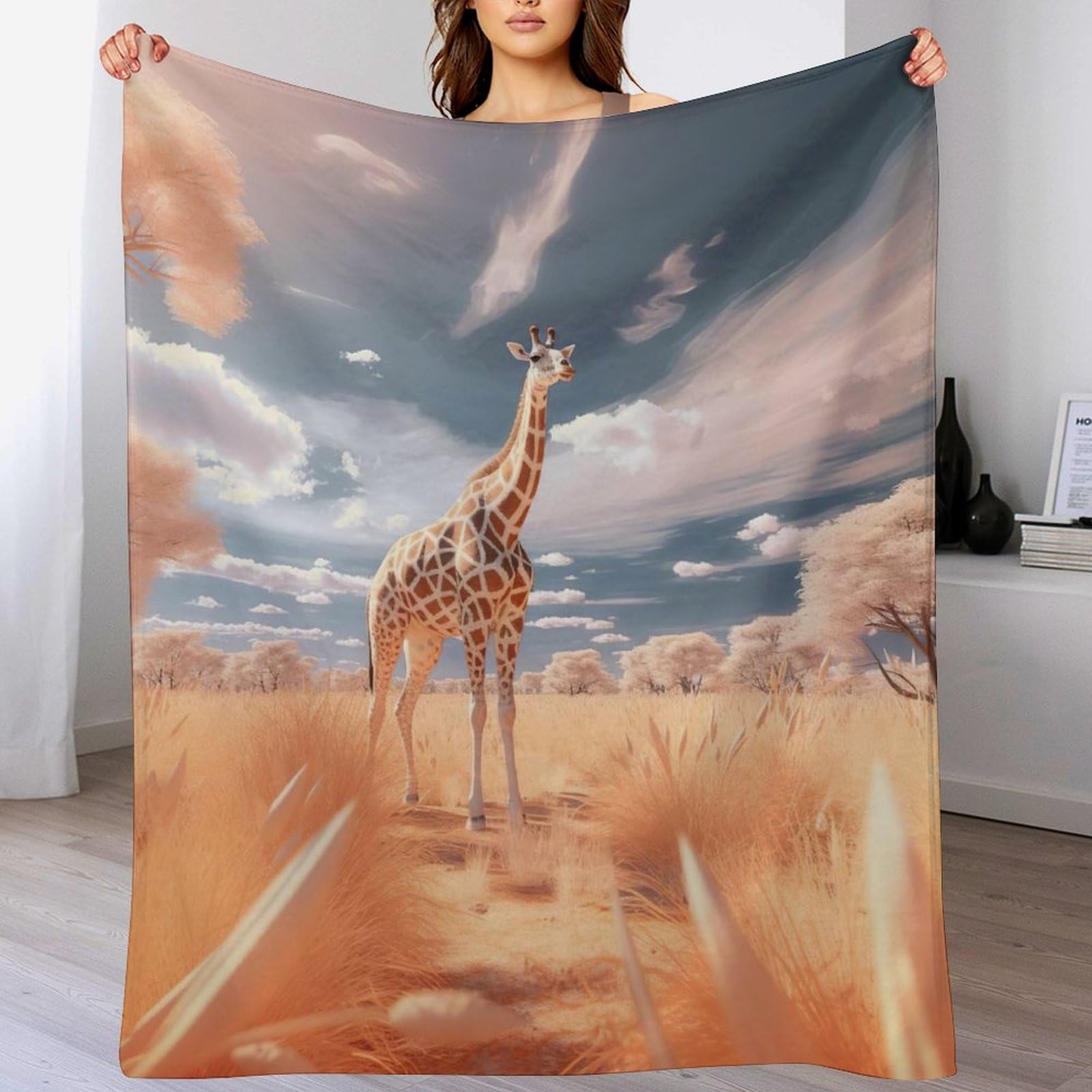 Couverture polaire flannel girafe 130x180 cm en microfibre premium pour lit