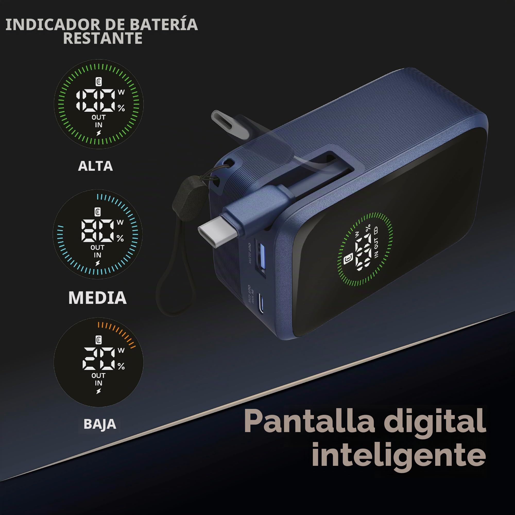 Cellularline batería Externa Roller 10.000 mAh con Carga rápida de hasta 45 W, Cable USB-C retráctil de 70 cm, Pantalla LCD, Carga simultánea para 3 Dispositivos, Negro