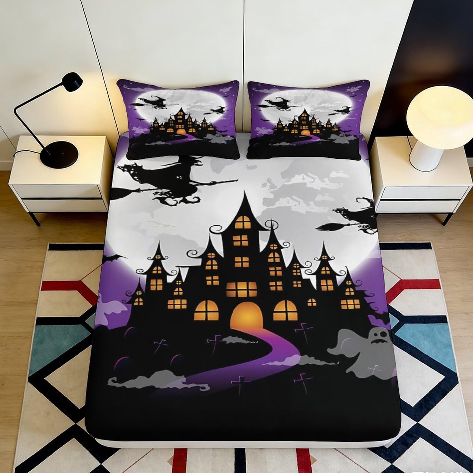 Zfldkwgb Style-5 3D Printed Haunted Castle Fitted Sheet Microfiber Soft Gothic Night Sky Bed Cover For Bedroom Dorm Room Decor 90X200x25cm