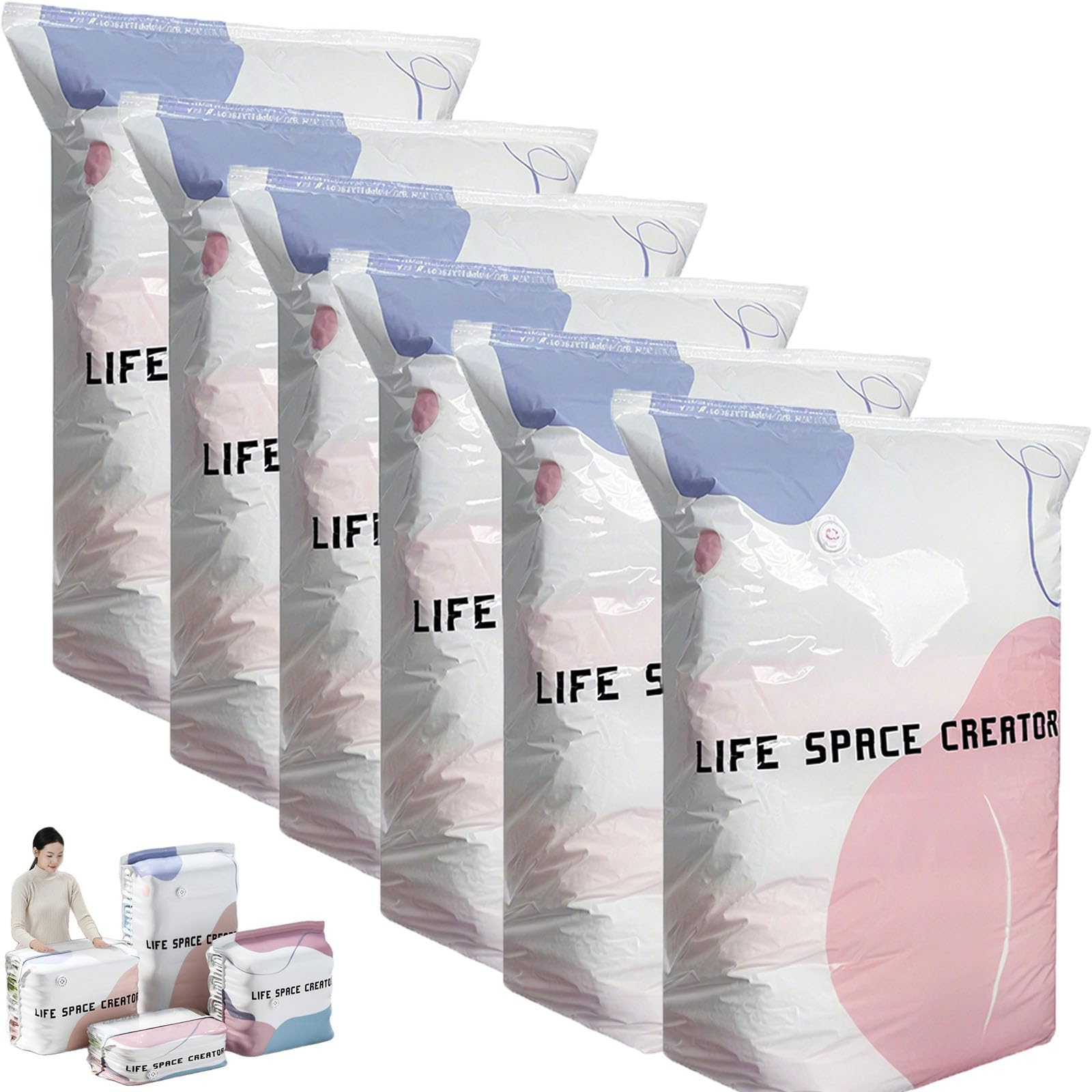 Sacchetti sottovuoto 3D, senza pompa, sacchetti sottovuoto per vestiti, piumini, cuscini, salvaspazio, riutilizzabili, ermetici, resistenti all'umidità, da viaggio (6 pezzi, L)