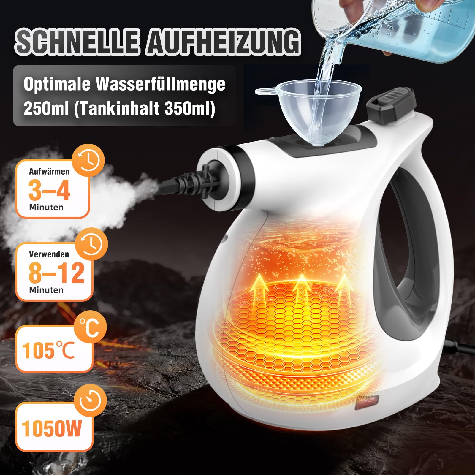 Limpiador a Vapor Portátil, 100% sin Químicos, Vapor a Alta Presión Elimina Eficazmente Polvo, Suciedad y Grasa, Vaporeta Limpieza Hogar 1050W 3bar para Cocina, Baño, Coche, Ventanas y Juntas - 5