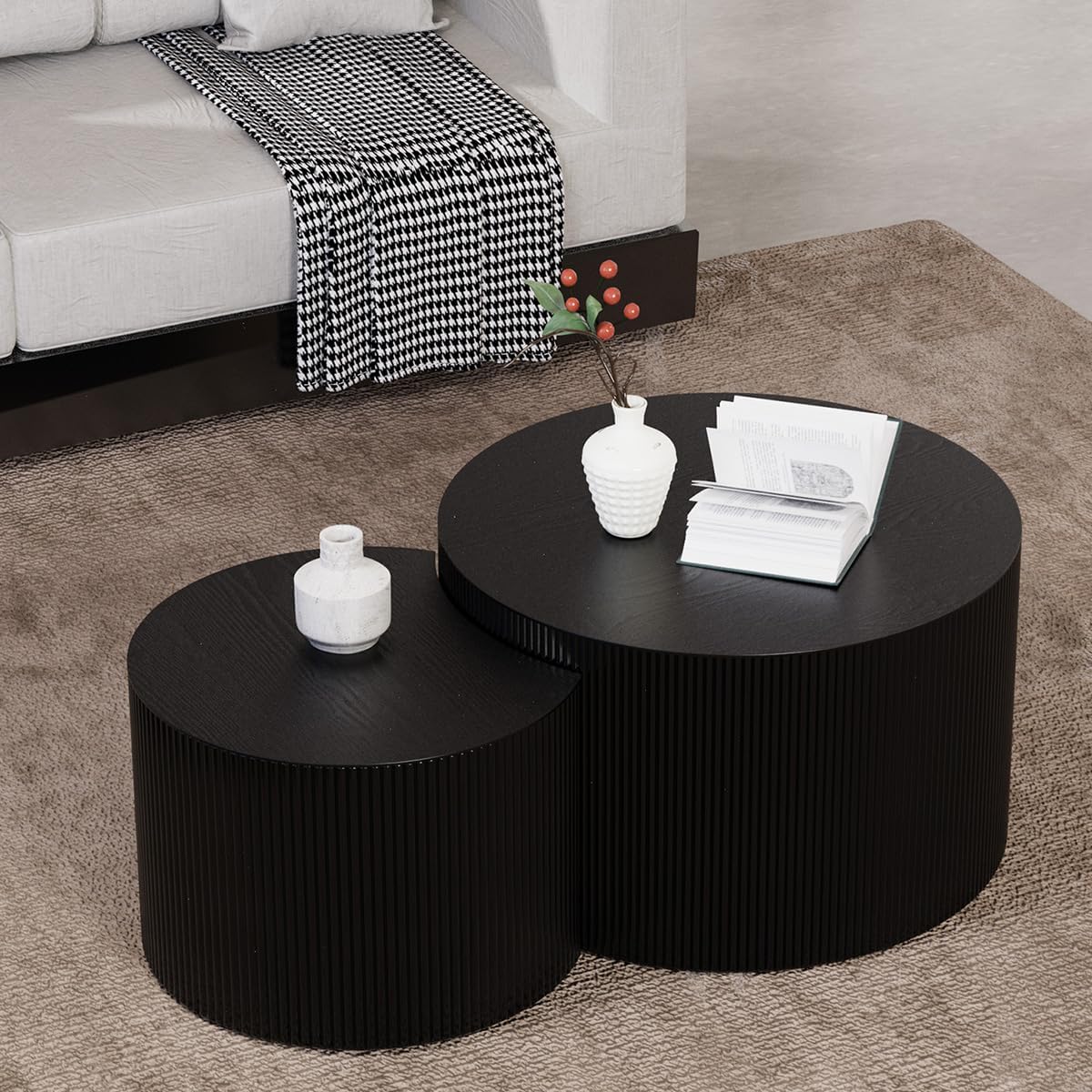 Round Nesting Coffee Table Set of 2 Modern Coffee Table Small Side Tables Circle Nested End Tables for Living Room (Black Moon Large)
