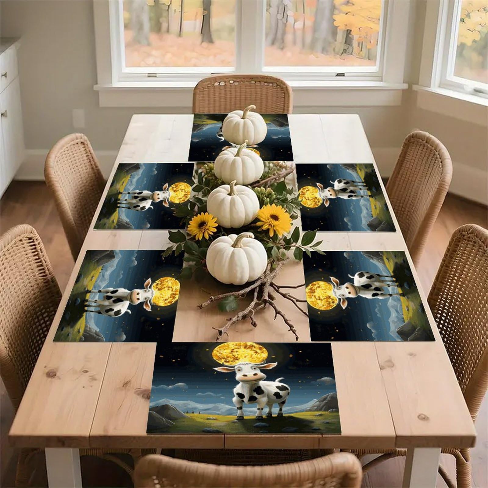 Cow Over The Moon Placemats Wipeable Heat Resistant Table Mats Washable Flax Place Mats Elegant Cloth Non-Slip Placemat for Kitchen Dinning Party Table Decor 12 * 18 in