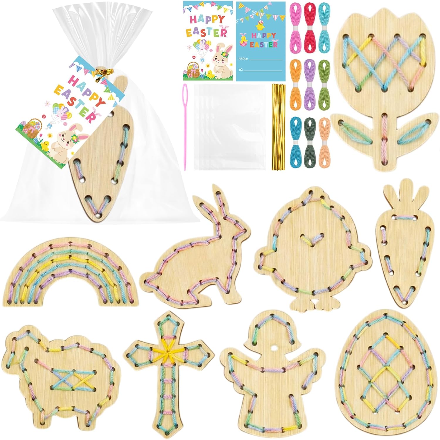 Capoda 18 Sets Easter Crafts for Kids Wooden Lacing Card Toys Easter Basket Stuffers Spring Basket Essentials with Colorful Threads for Girls Boys Spring Craft Activities Craft Kits Sewing