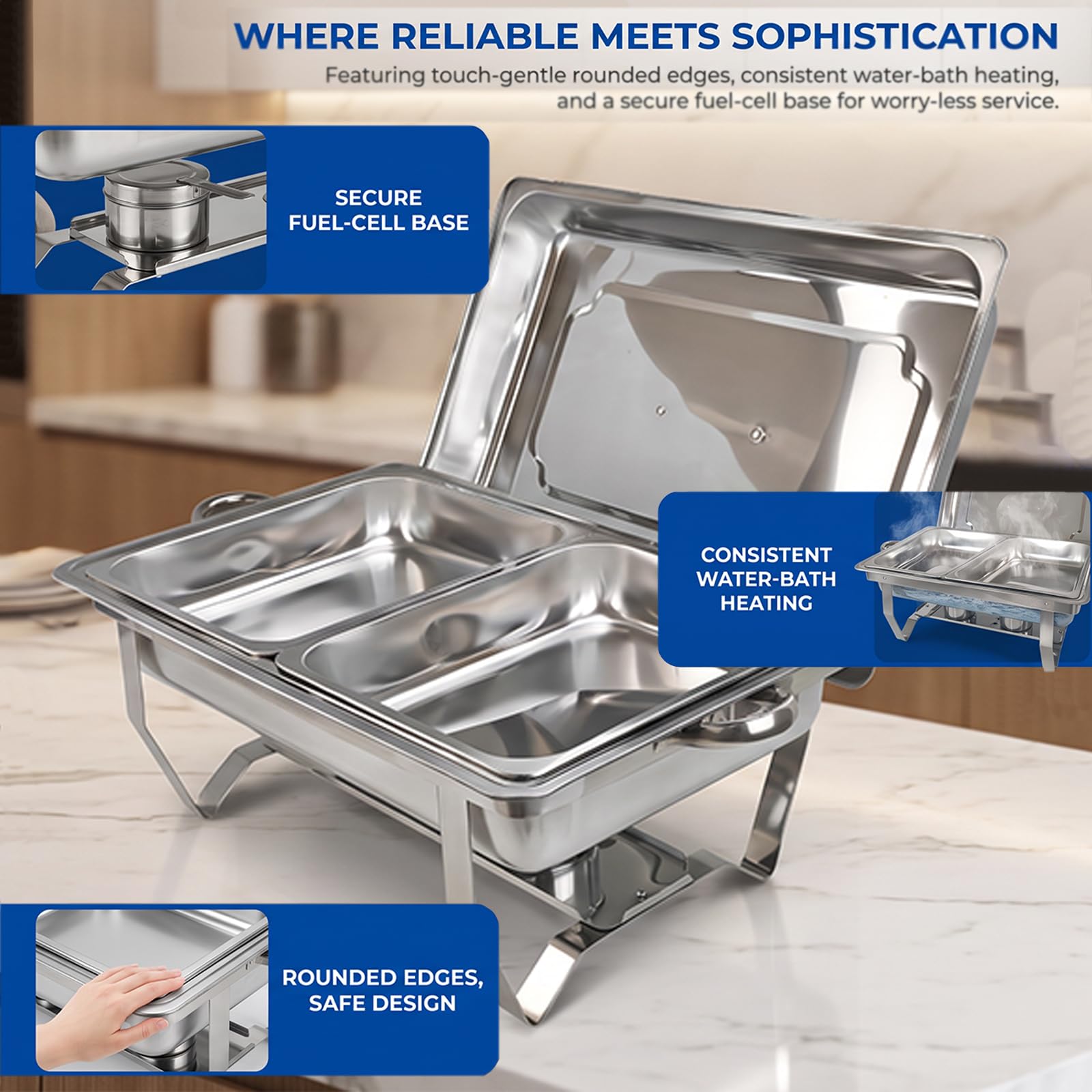 Paquete de Platos de para bufé, Catering, Calentador de Alimentos | sartén fría y caliente con soporte para tapa, juego de platos de cena de acero inoxidable grueso, servidor de buffet