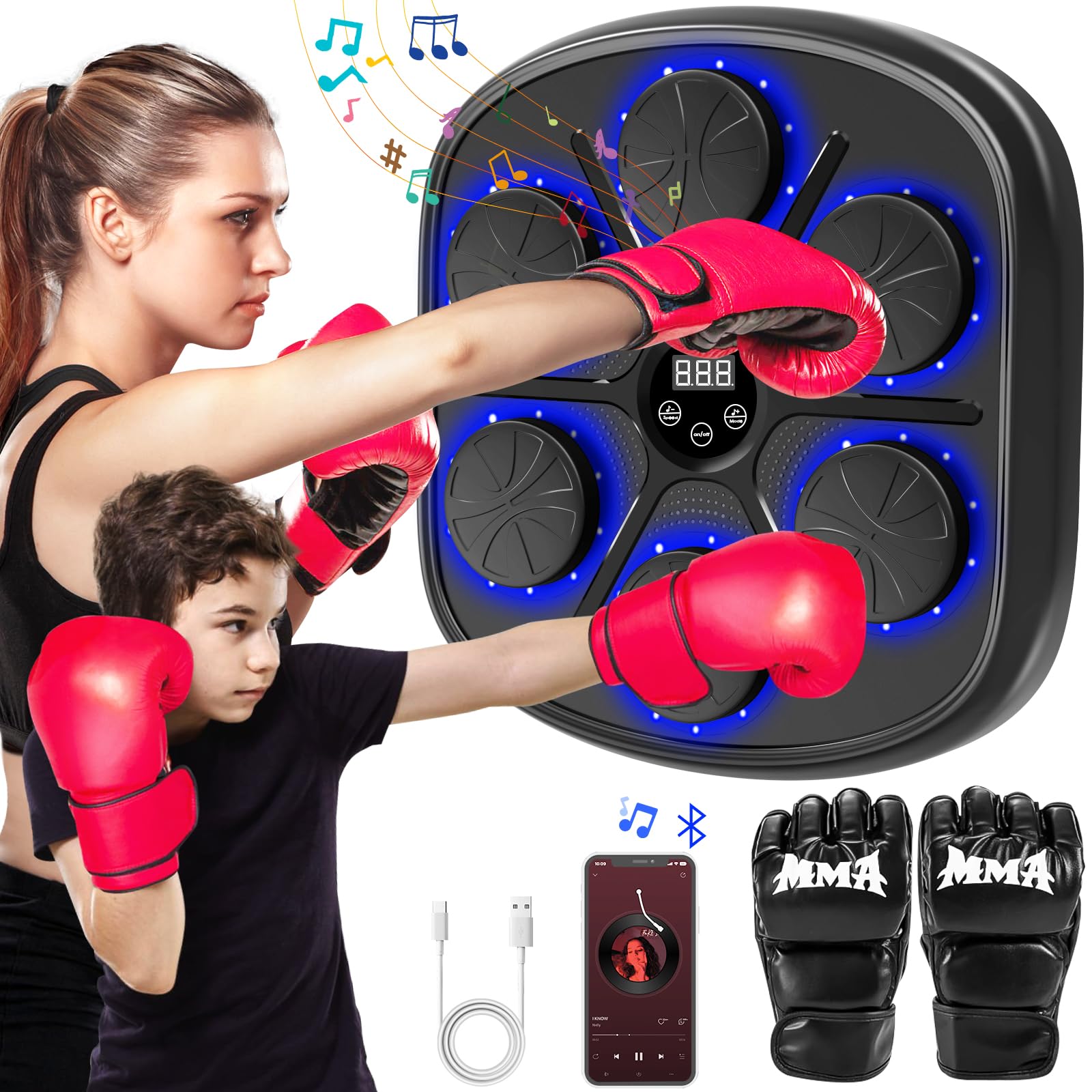 Music Boxing Machine, Upgraded Music Boxing Machine for Kids & Adults, Smart Bluetooth Boxing Machine Wall Mounted with LED, 9 Modes & 9 Speeds, Punching Workout Machine with Boxing Gloves