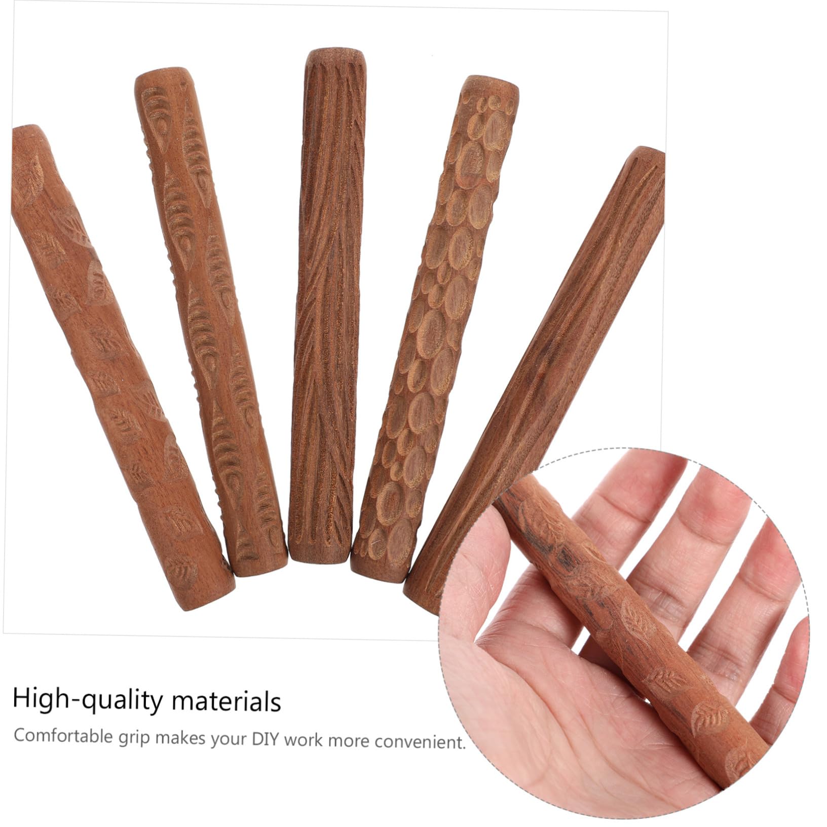Kit 5 Rulli per Modellare Argilla in Legno Motivi Stampati, Utensili Artigianali per Ceramica Fai da Te, Impugnatura Comoda e Riutilizzabile, per Lavorazione Argilla e Creazioni Artistiche
