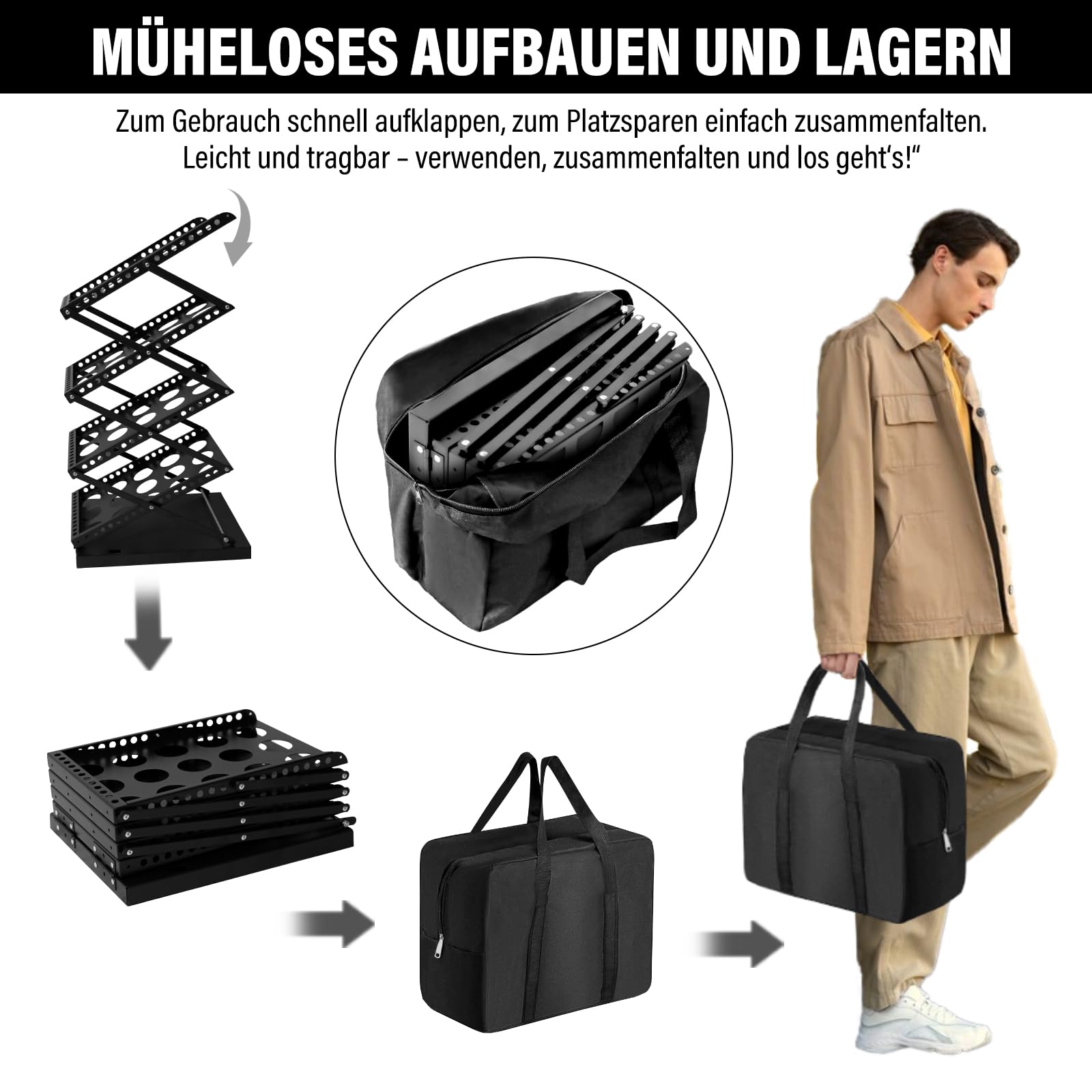 SUNDOY Faltbarer Zeitschriftenständer mit 4 Taschen – Magazinhalter & Broschüre Prospekthalter mit Tragetasche für Büro, Einzelhandel & Messe-Ausstellungen (Schwarz-27Bx36Tx130H)