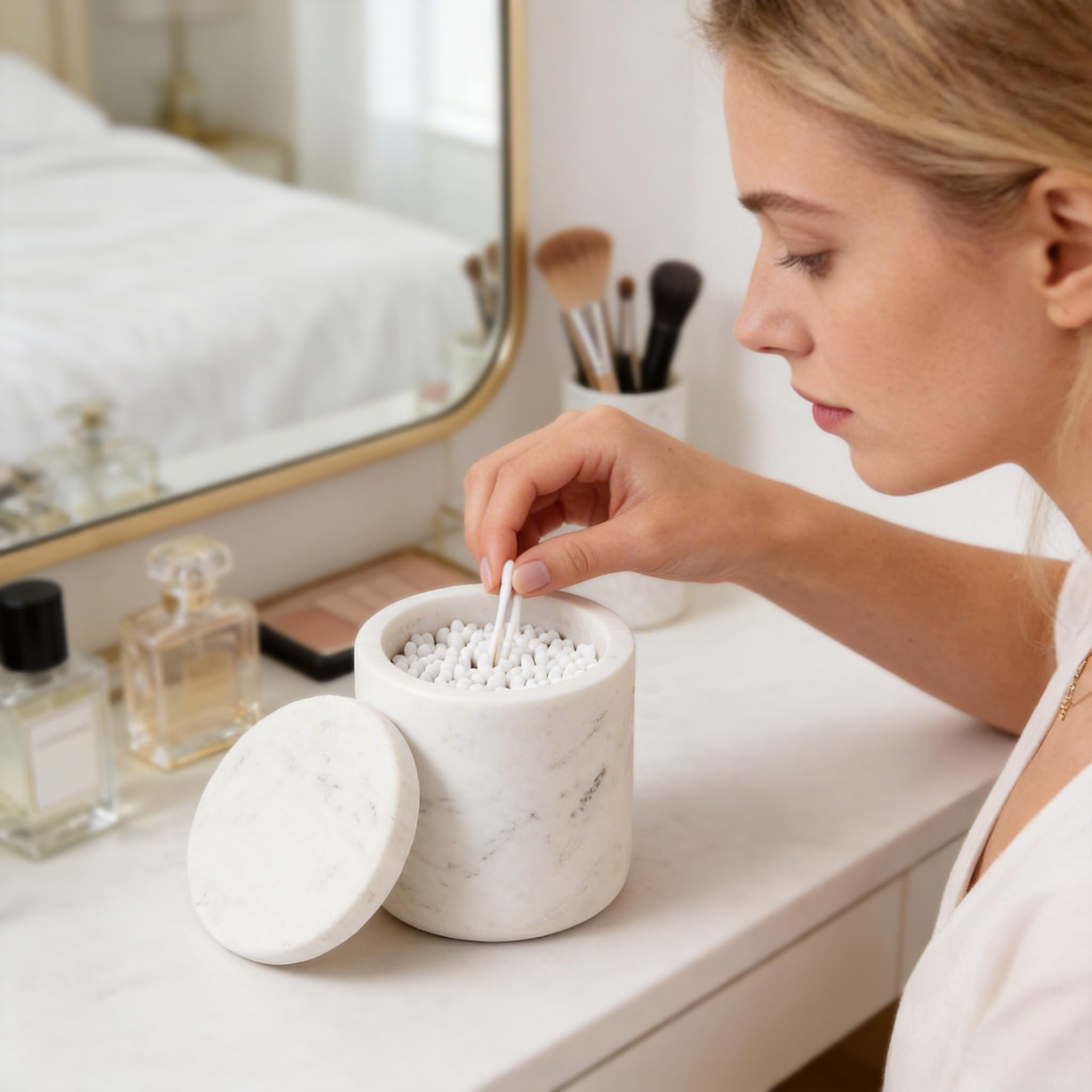 Contenitore in marmo naturale per batuffolo di cotone con coperchio, grande capacità, per batuffolo di cotone, per trucchi, sali da bagno, bianco