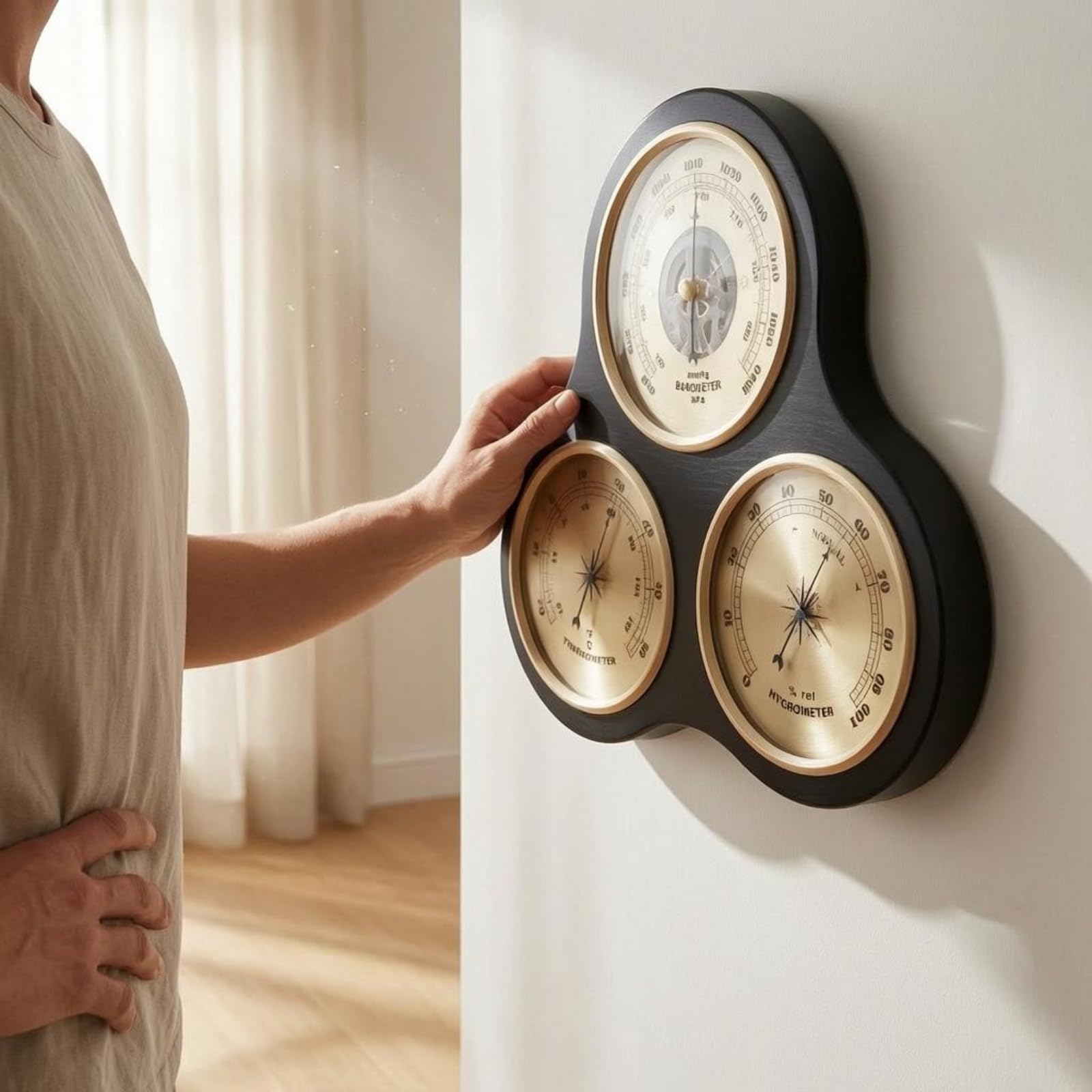 Estación Meteorológica Medidor Higrómetro Placa Decorativa de Pared con Instrumentos Analógicos Bisel Circular Dorado, Termómetro Higrómetro Barómetro De Pared Con Diseño Calado