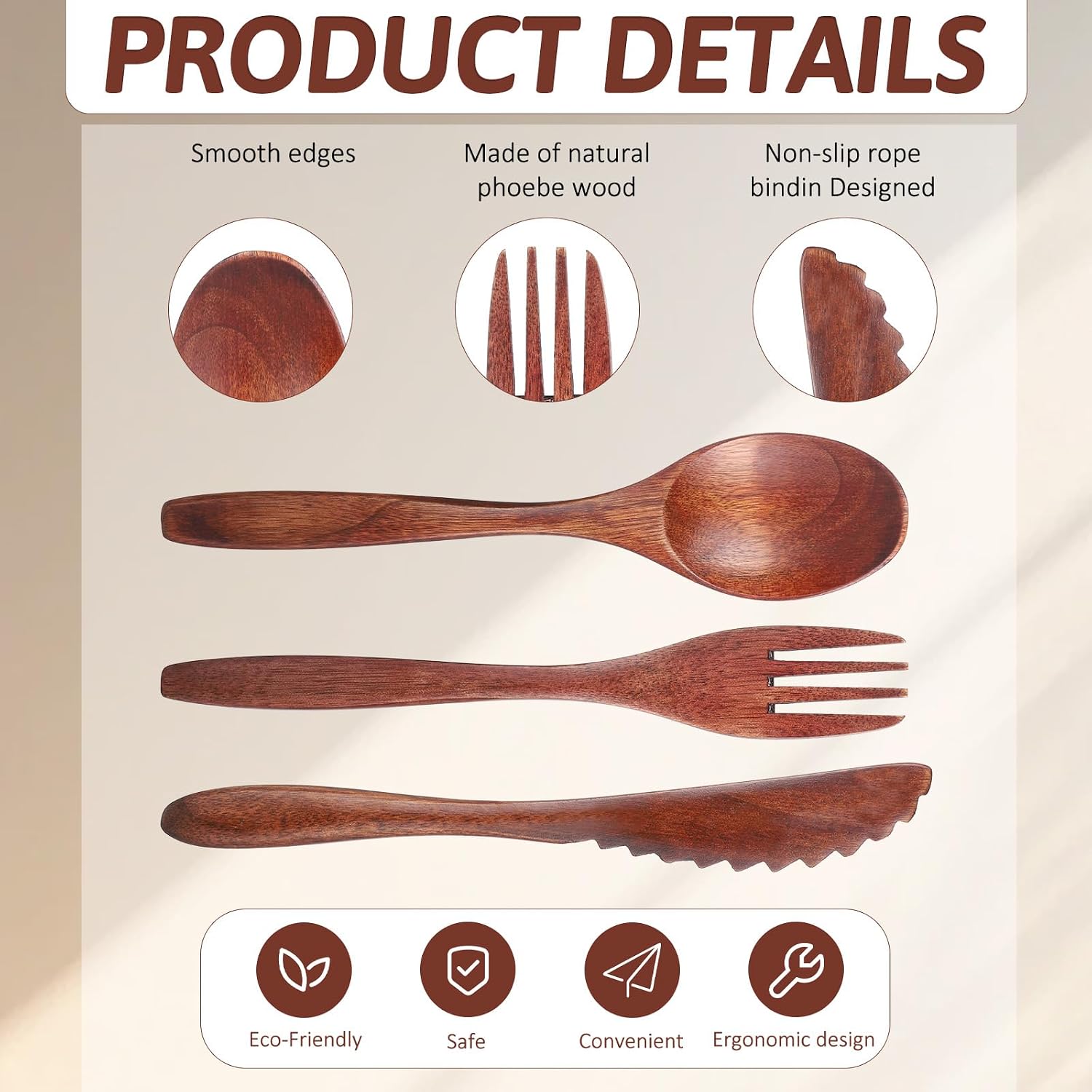 6 Pcs Wooden Utensil for Eating, Reusable Wood Spoon Fork Knife Cutlery Utensil Set Kitchen Wood Dinner Flatware Tableware Spoon, Forks, Wooden Knife for Home Travel Camping